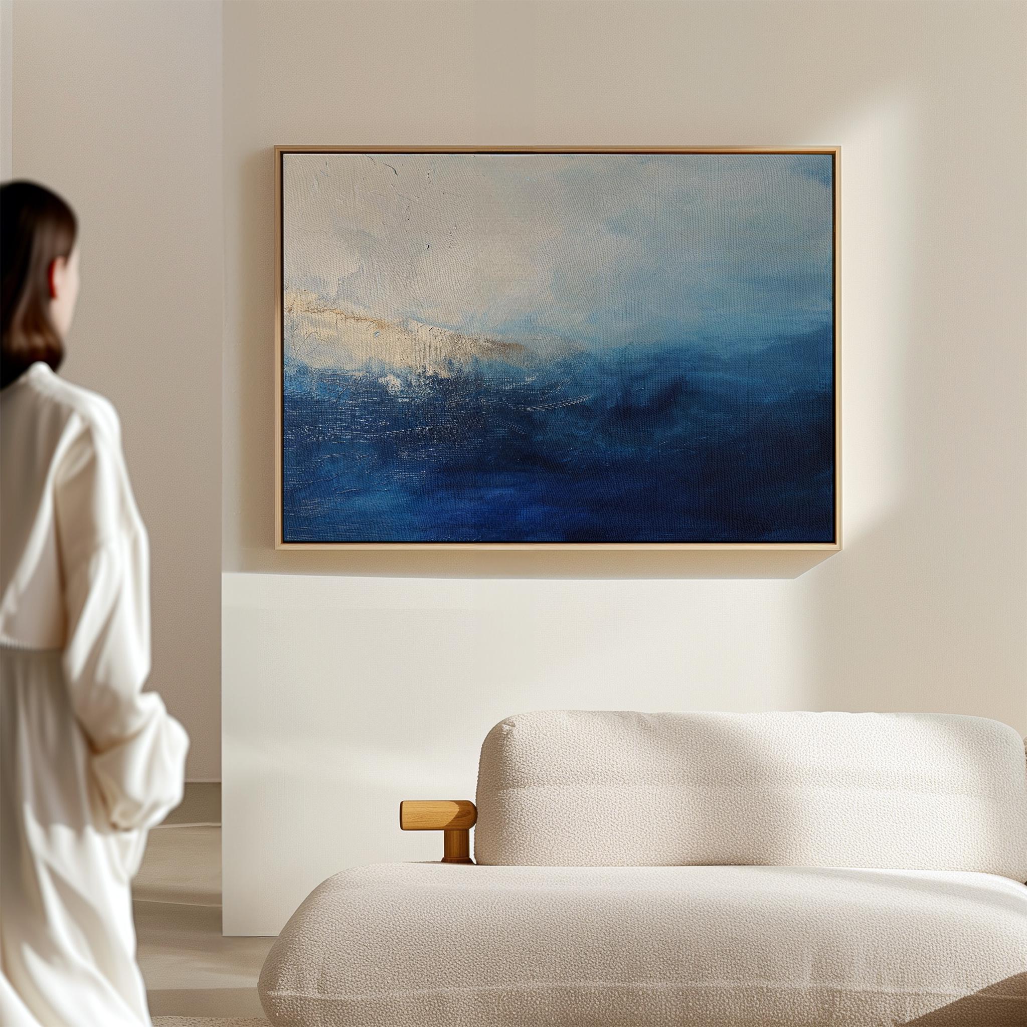 Coastal Abstract Wall Art in Navy Blue and Soft Sky Modern Large Canvas Painting for Living Room Bedroom or Office Decor | 347