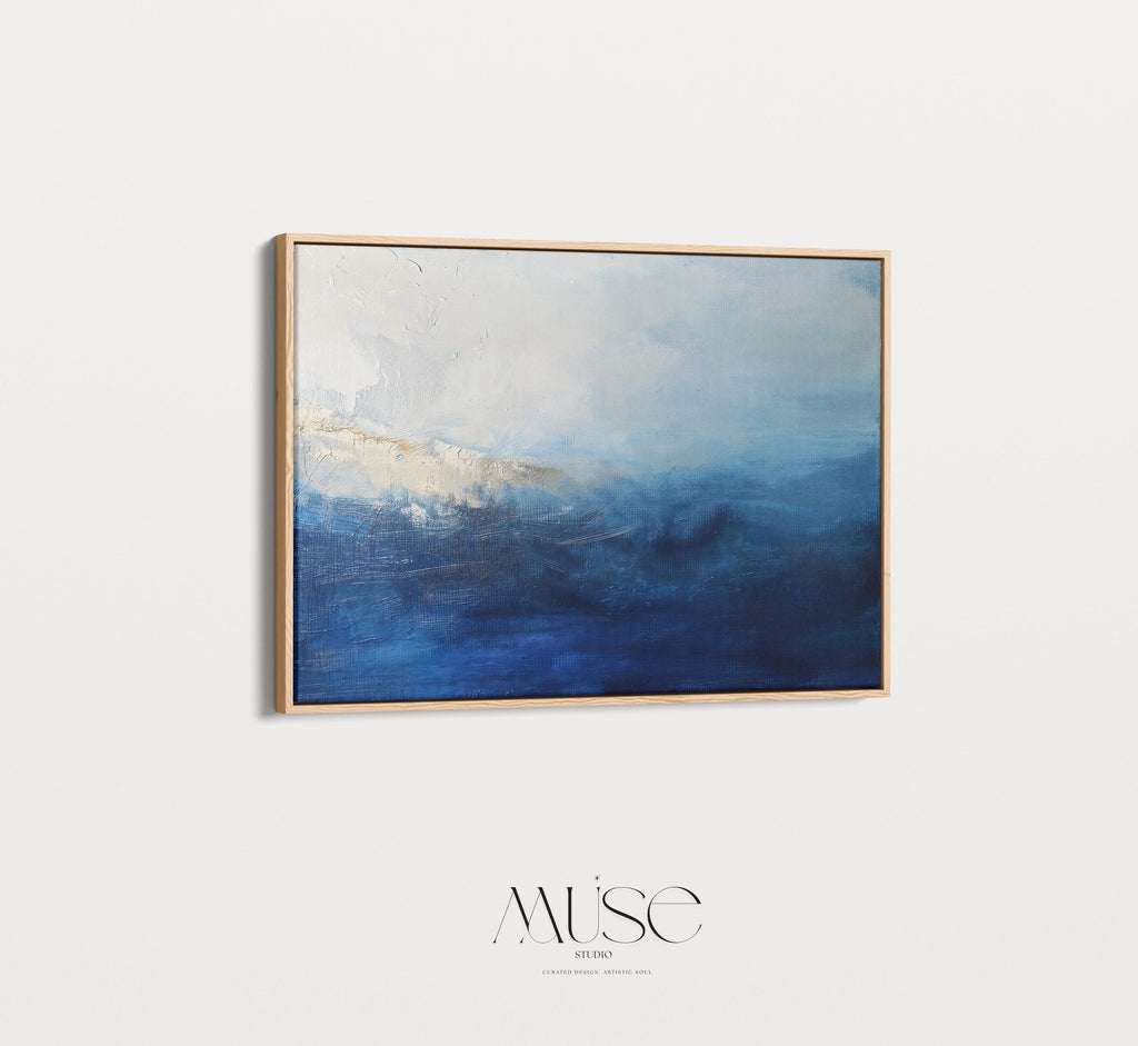 Coastal Abstract Wall Art in Navy Blue and Soft Sky Modern Large Canvas Painting for Living Room Bedroom or Office Decor | 347