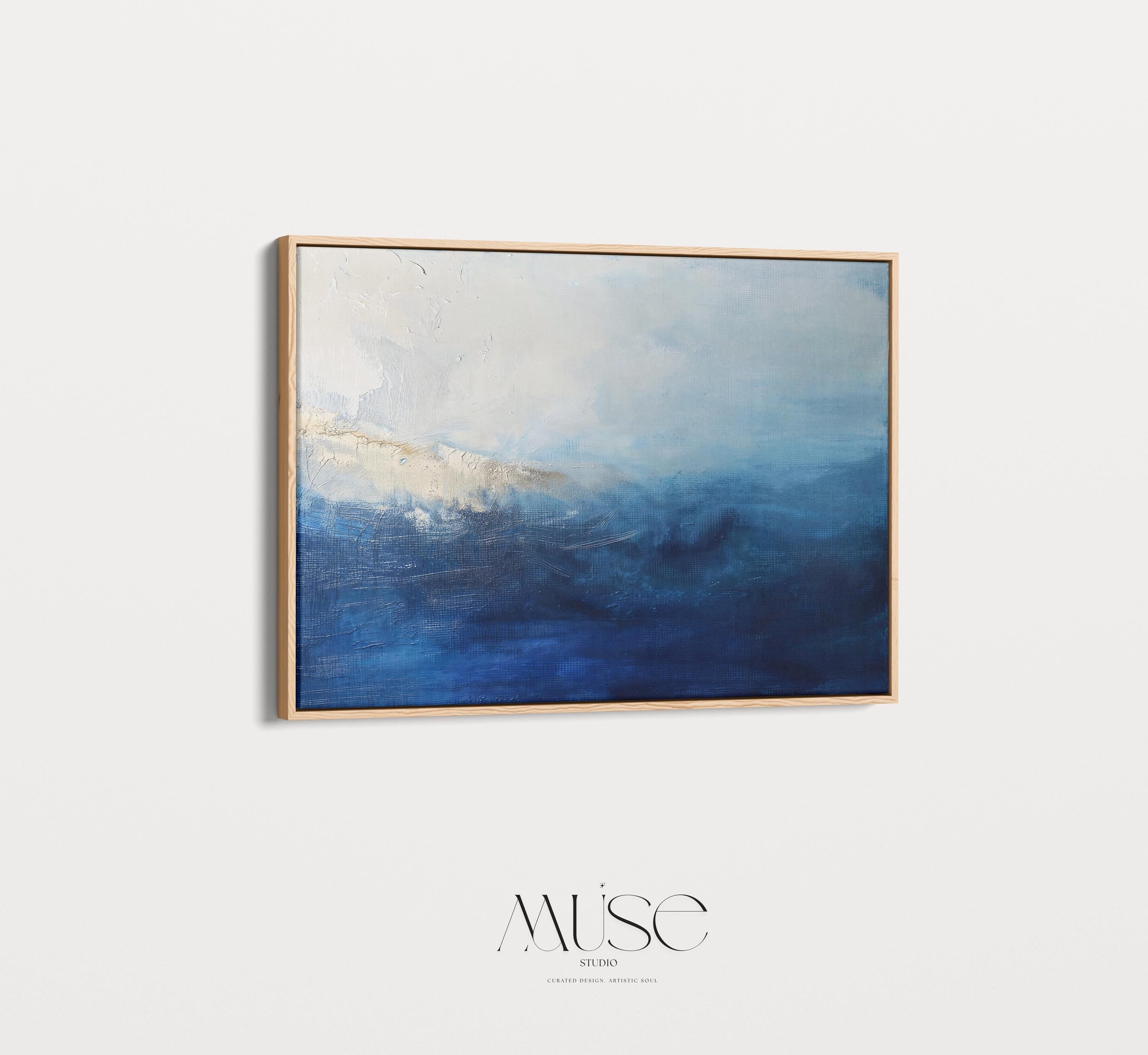 Coastal Abstract Wall Art in Navy Blue and Soft Sky Modern Large Canvas Painting for Living Room Bedroom or Office Decor | 347