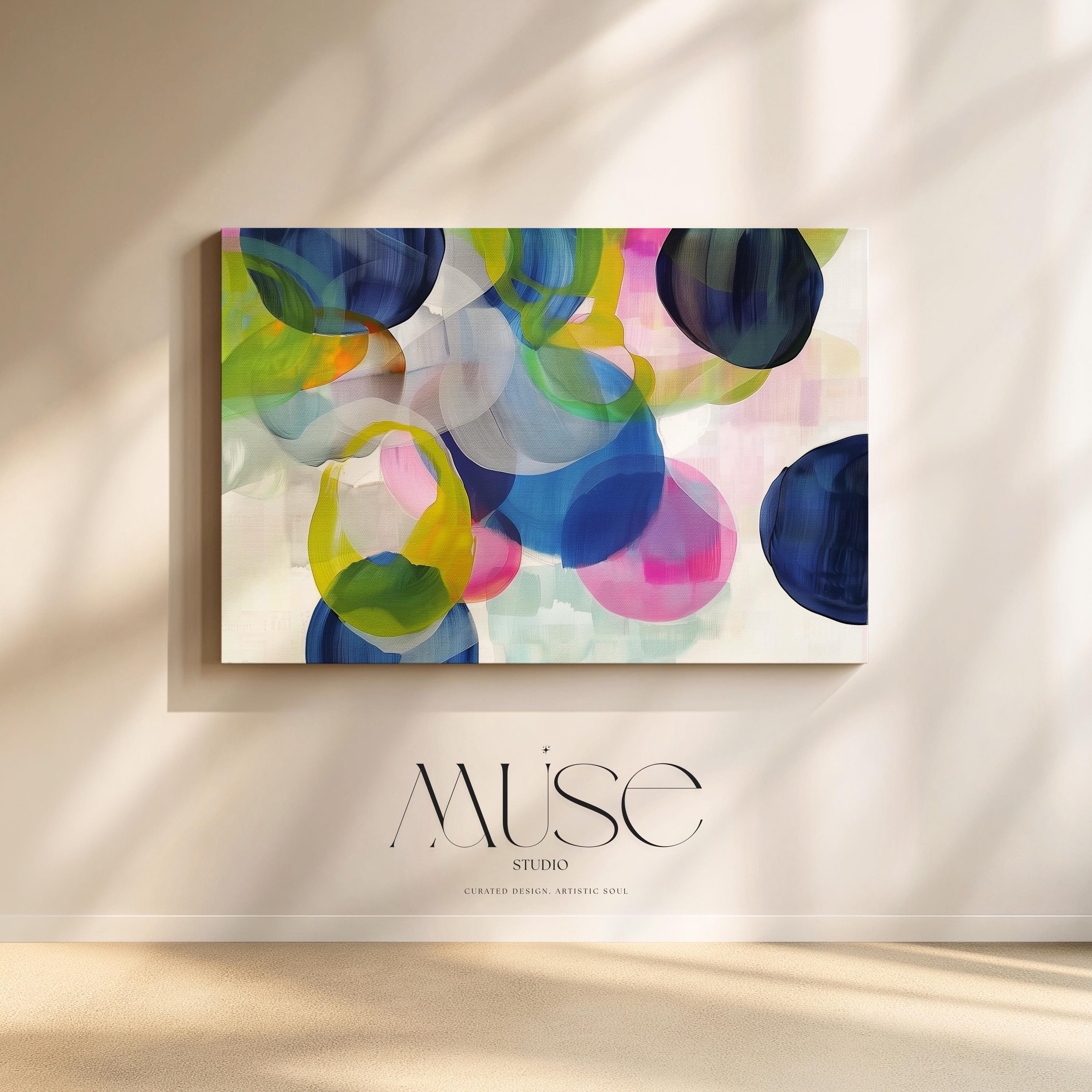 Eclectic Boho Abstract Wall Art in Navy Green Pink and Lemon Large Canvas Painting for Living Room Bedroom Office | 378 Stretched Canvas Art Large abstract wall decor on stretched canvas, gallery-wrapped and ready to hang. Perfect for colorful wall art in living rooms, office spaces, and design projects. Giclée canvas print with bold brushwork and vibrant modern style for impactful home decor. Muse Studio Decor Art.