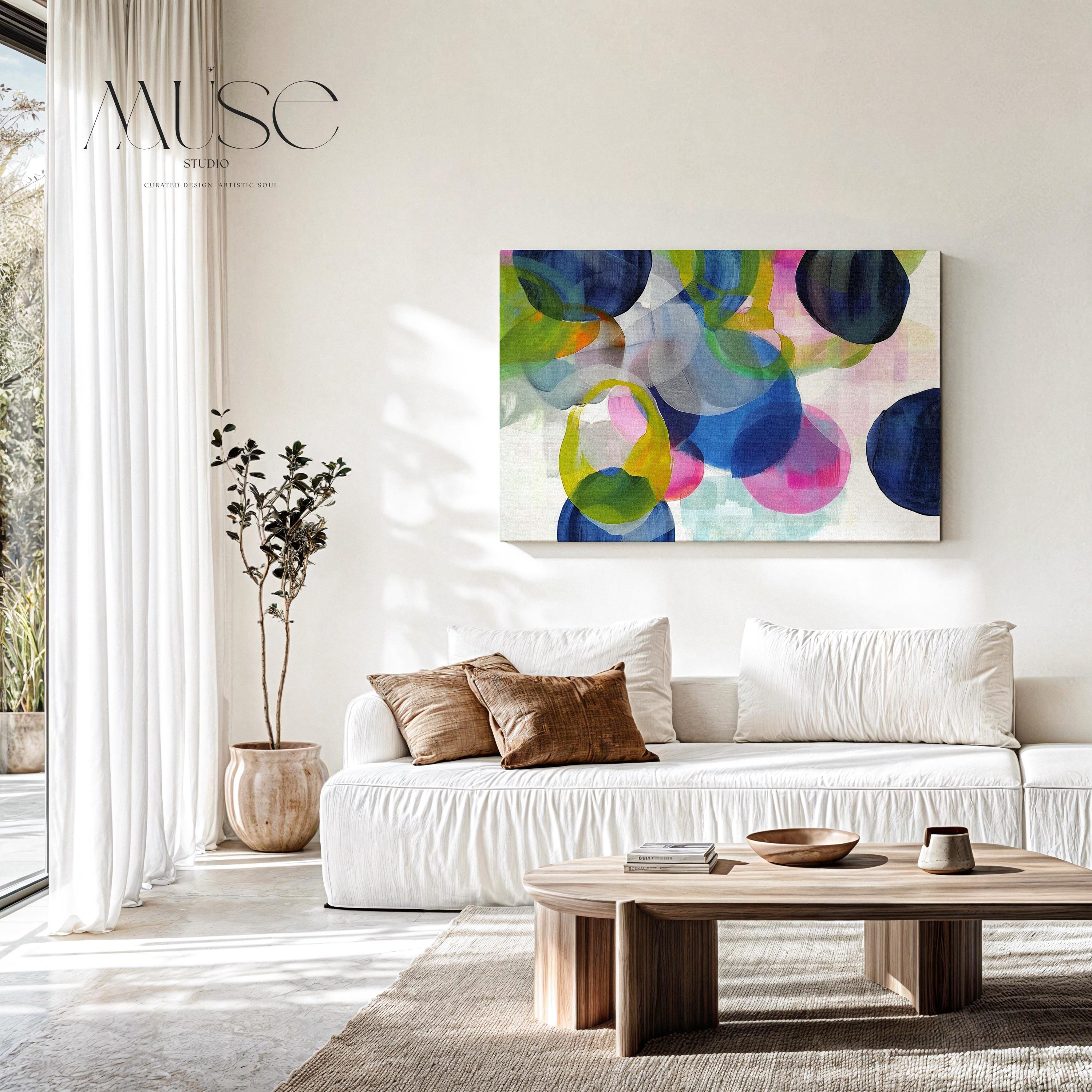 Eclectic Boho Abstract Wall Art in Navy Green Pink and Lemon Large Canvas Painting for Living Room Bedroom Office | 378 Stretched Canvas Art Large abstract wall decor on stretched canvas, gallery-wrapped and ready to hang. Perfect for colorful wall art in living rooms, office spaces, and design projects. Giclée canvas print with bold brushwork and vibrant modern style for impactful home decor. Muse Studio Decor Art.