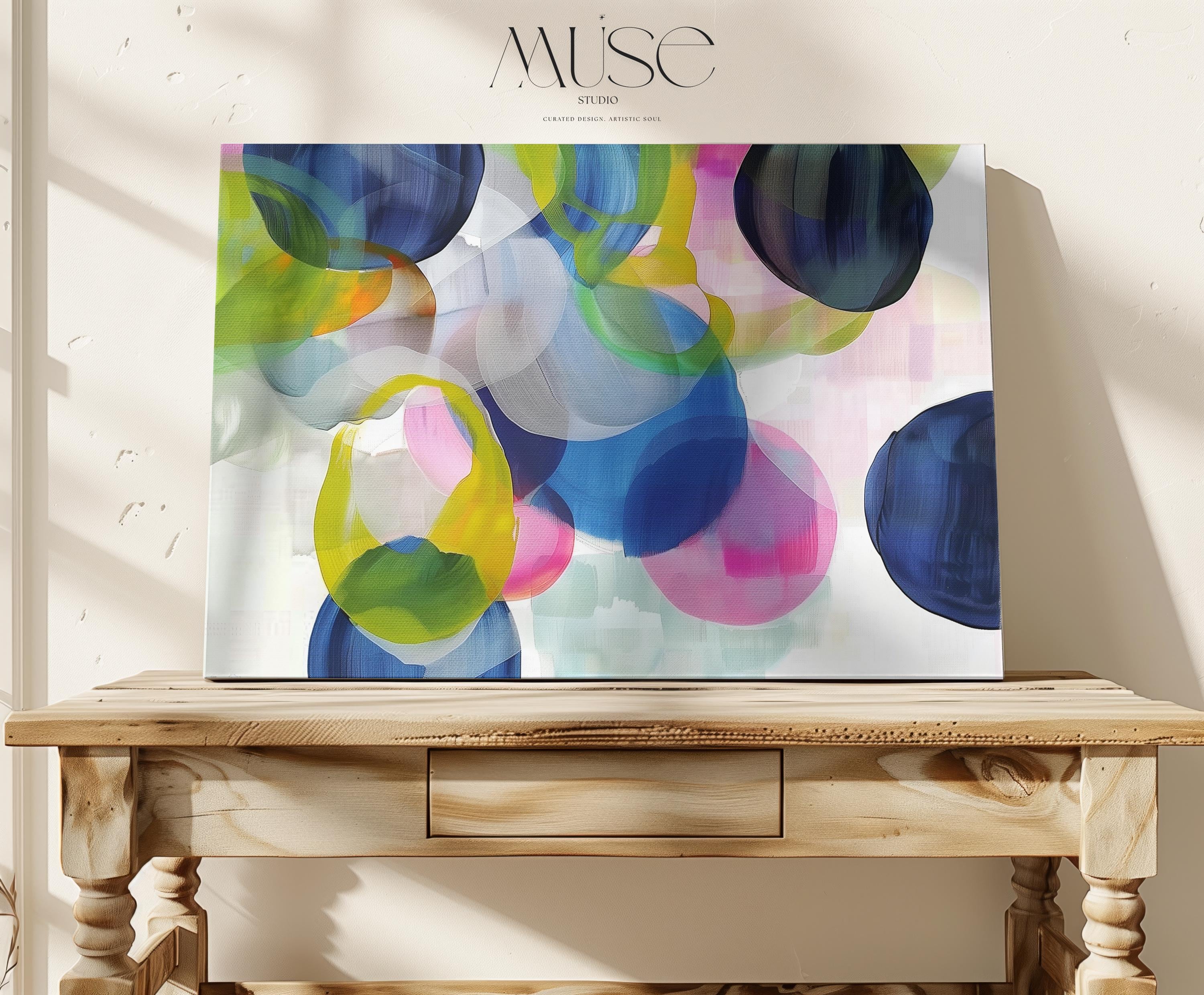 Eclectic Boho Abstract Wall Art in Navy Green Pink and Lemon Large Canvas Painting for Living Room Bedroom Office | 378 Stretched Canvas Art Large abstract wall decor on stretched canvas, gallery-wrapped and ready to hang. Perfect for colorful wall art in living rooms, office spaces, and design projects. Giclée canvas print with bold brushwork and vibrant modern style for impactful home decor. Muse Studio Decor Art.
