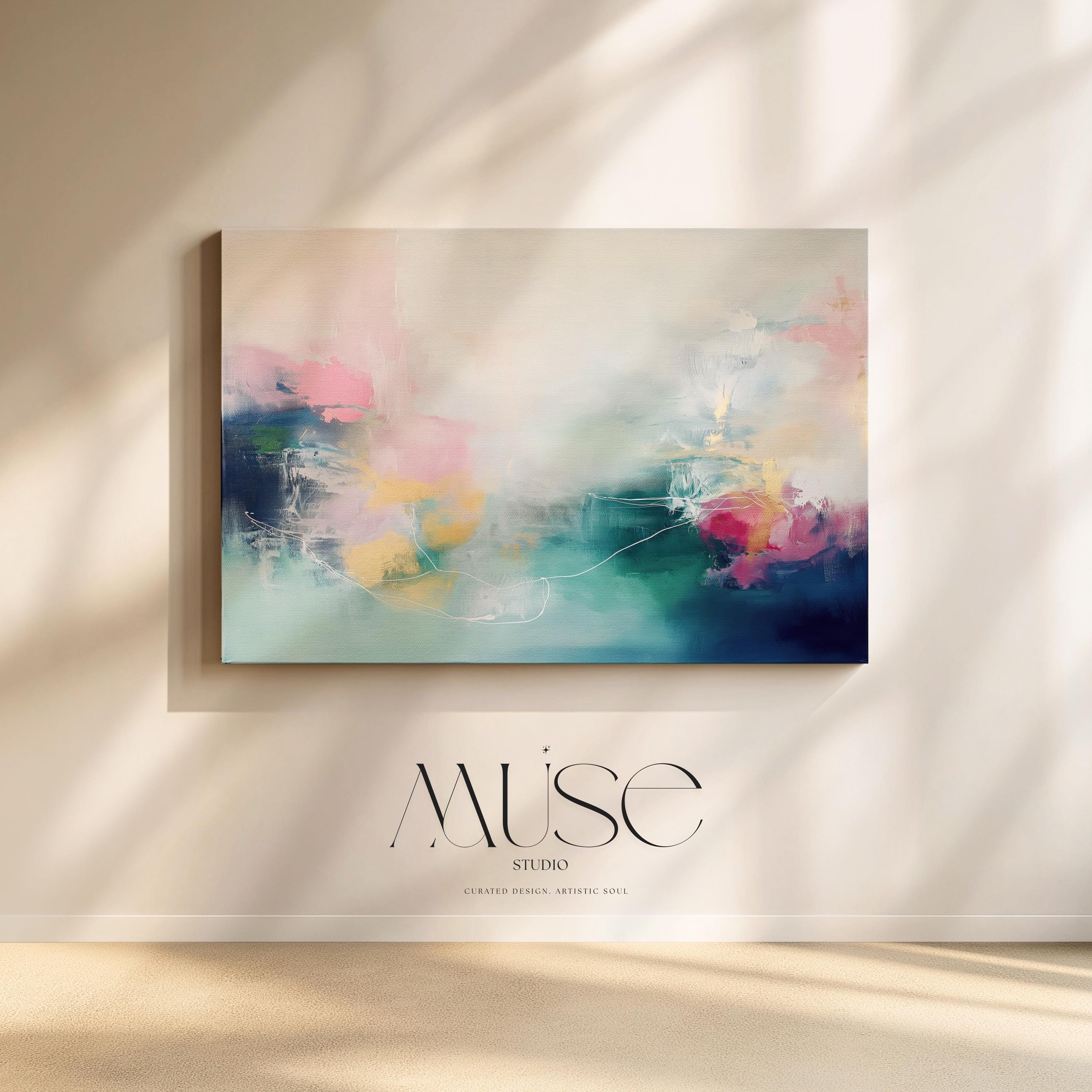 Soft Coastal Abstract Wall Art in Blush Pink Teal and Navy Modern Canvas Painting for Bedroom Living Room or Office Decor | 202
