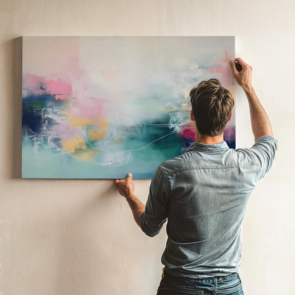Soft Coastal Abstract Wall Art in Blush Pink Teal and Navy Modern Canvas Painting for Bedroom Living Room or Office Decor | 202 wall art prints, living room decor, abstract painting, abstract art, modern wall art, modern art, living room art, abstract wall art, canvas wall art, wall art, abstract print, colorful wall art