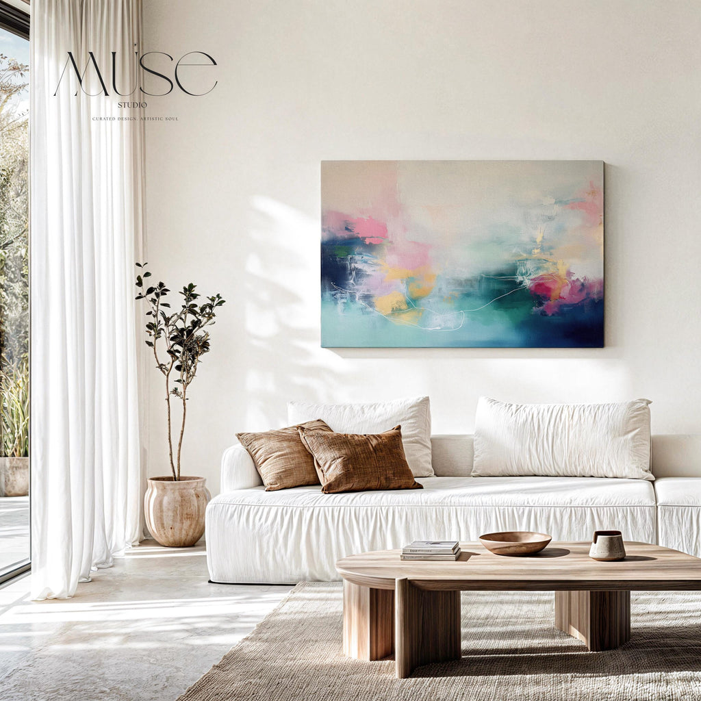 Soft Coastal Abstract Wall Art in Blush Pink Teal and Navy Modern Canvas Painting for Bedroom Living Room or Office Decor | 202 wall art prints, living room decor, abstract painting, abstract art, modern wall art, modern art, living room art, abstract wall art, canvas wall art, wall art, abstract print, colorful wall art