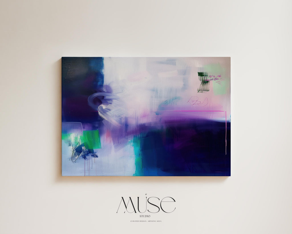 Expressive Abstract Wall Art in Navy Purple and Green Modern Canvas Painting for Living Room Bedroom or Office Decor | 325