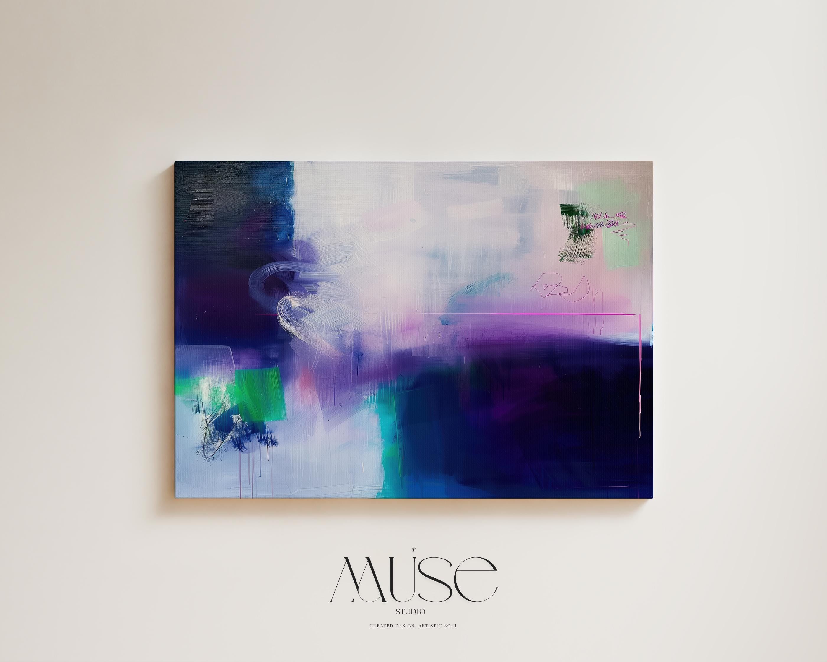 Expressive Abstract Wall Art in Navy Purple and Green Modern Canvas Painting for Living Room Bedroom or Office Decor | 325