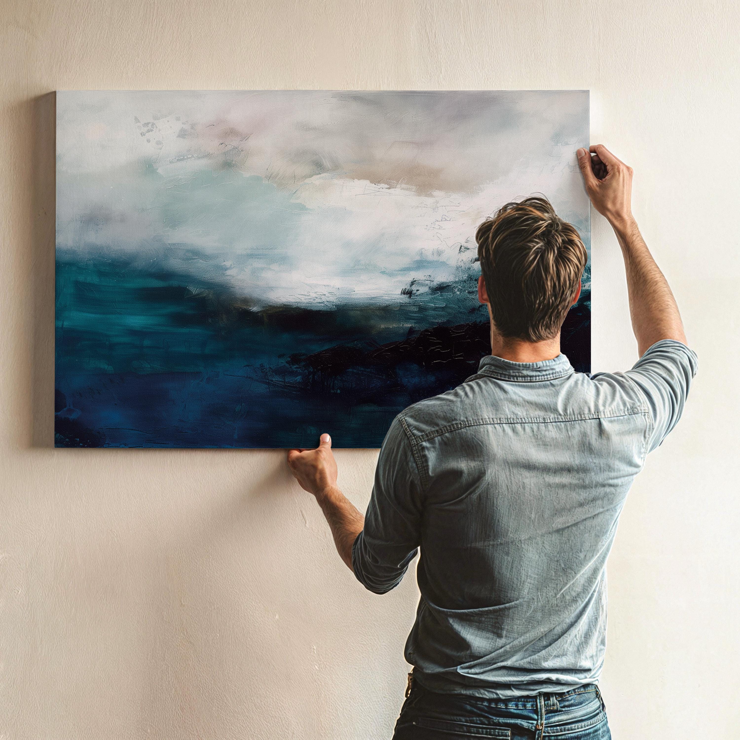 Ocean Inspired Abstract Canvas Wall Art in Deep Blues and Whites, Large Horizontal Statement Piece, Coastal Decor for Living Rooms | 330