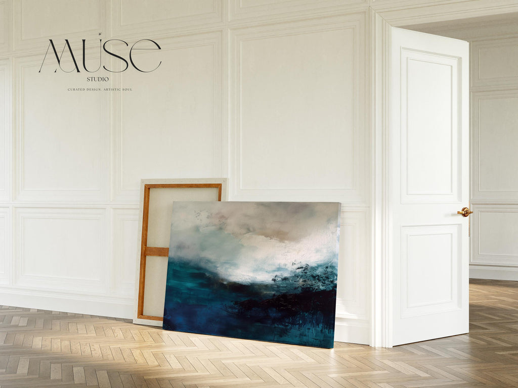 Ocean Inspired Abstract Canvas Wall Art in Deep Blues and Whites, Large Horizontal Statement Piece, Coastal Decor for Living Rooms | 330
