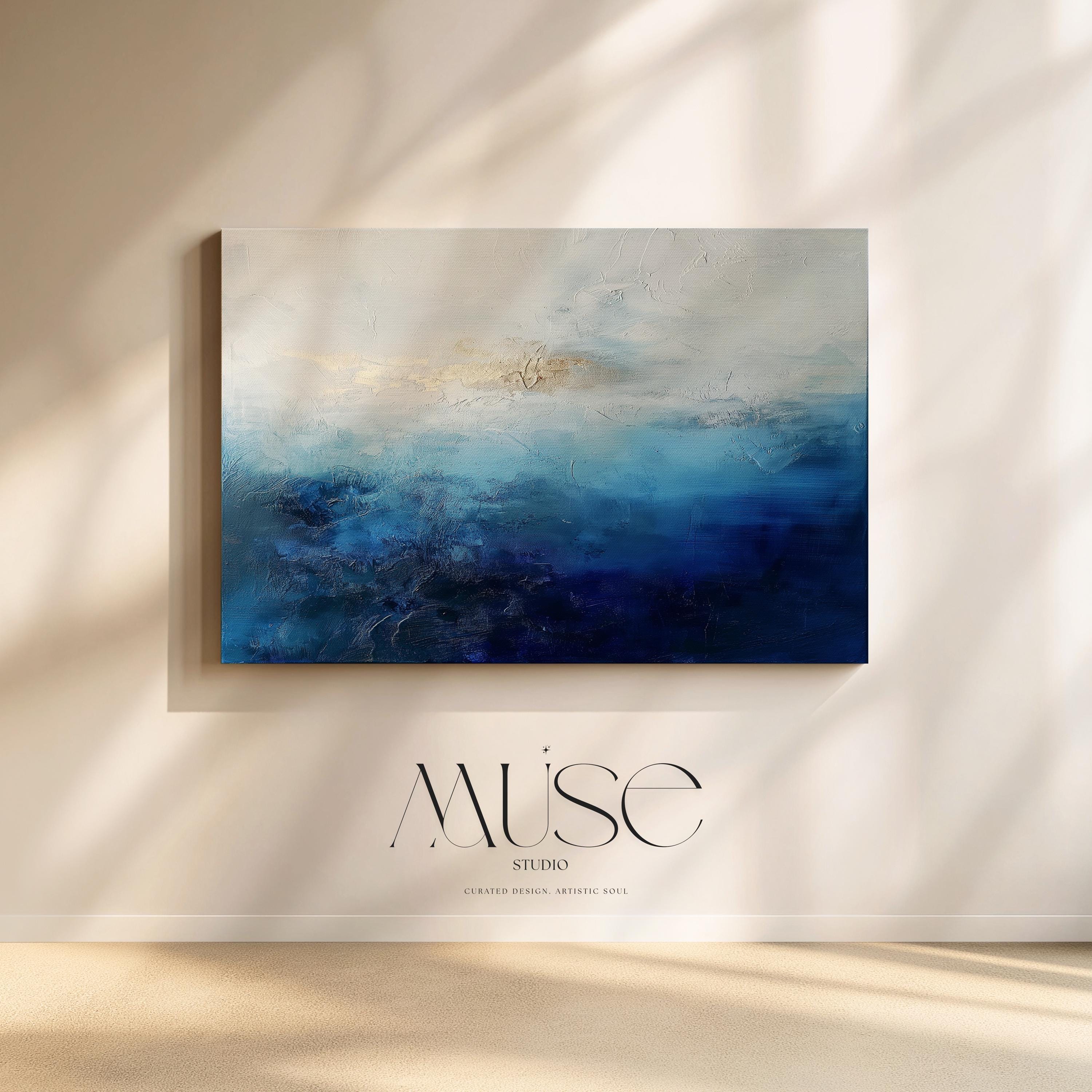 Ocean Horizon Canvas Wall Art in Deep Blues and Ivory, Large Abstract Painting for Living Rooms, Coastal Decor Statement Piece 346