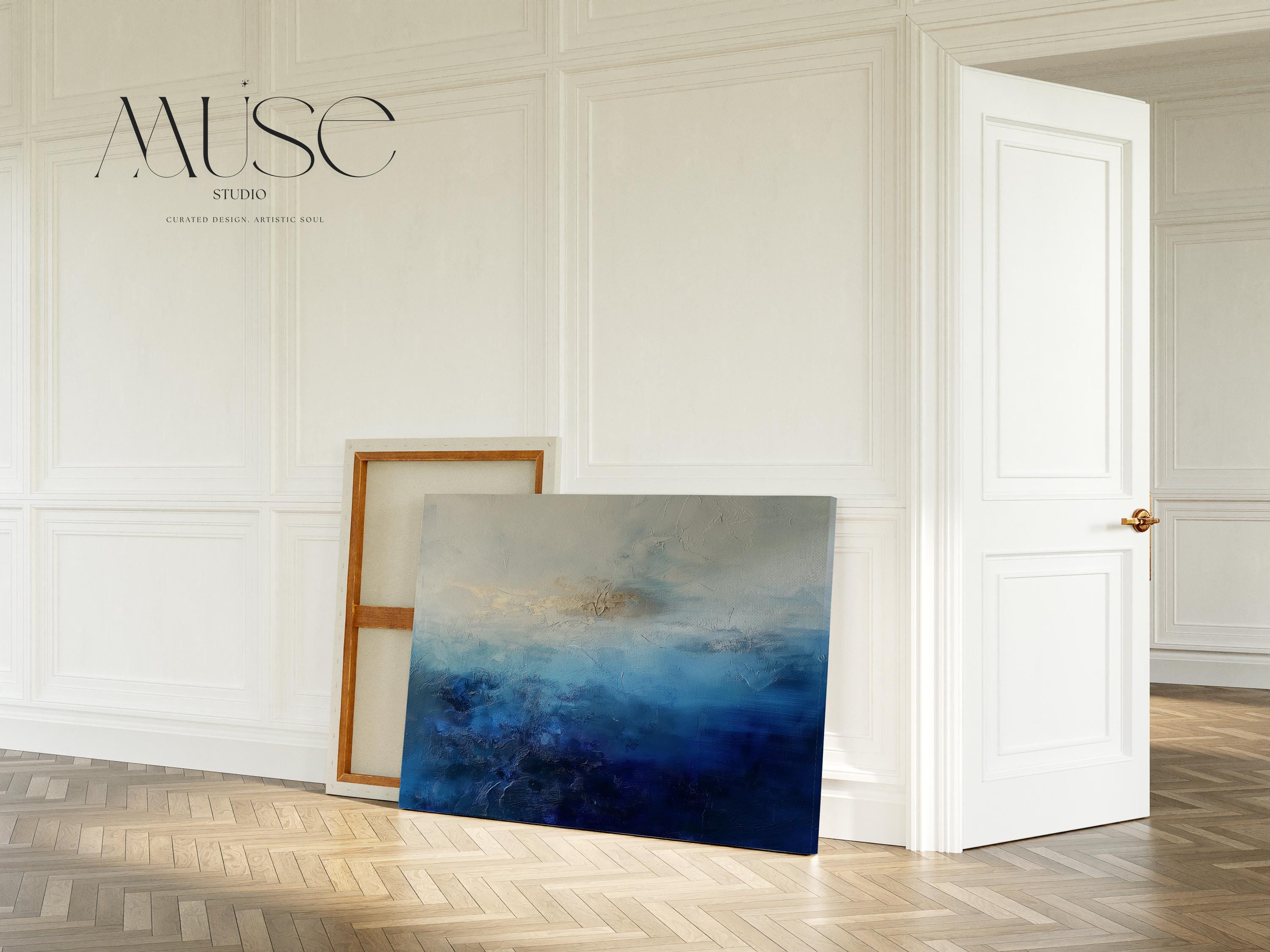 Ocean Horizon Canvas Wall Art in Deep Blues and Ivory, Large Abstract Painting for Living Rooms, Coastal Decor Statement Piece 346