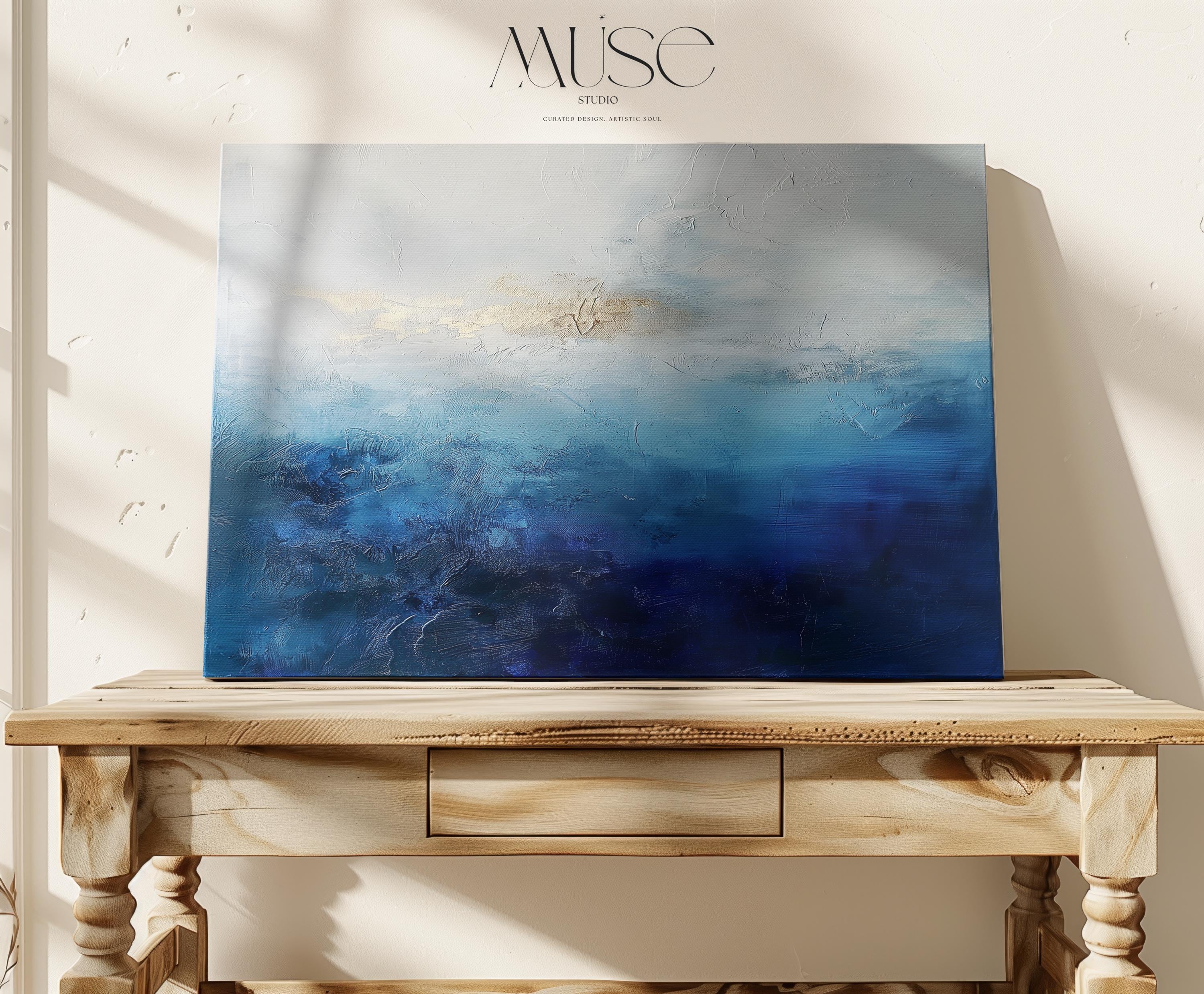 Ocean Horizon Canvas Wall Art in Deep Blues and Ivory, Large Abstract Painting for Living Rooms, Coastal Decor Statement Piece 346