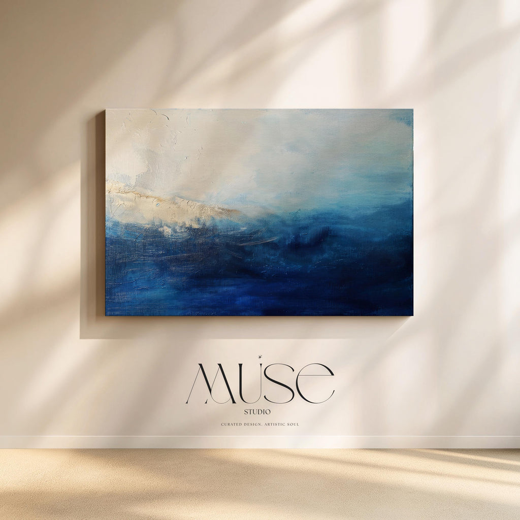 Oversized Canvas Wall Art Ocean Abstract in Blue and Ivory, Minimalist Coastal Decor for Living Room or Office, Large Statement Art 347