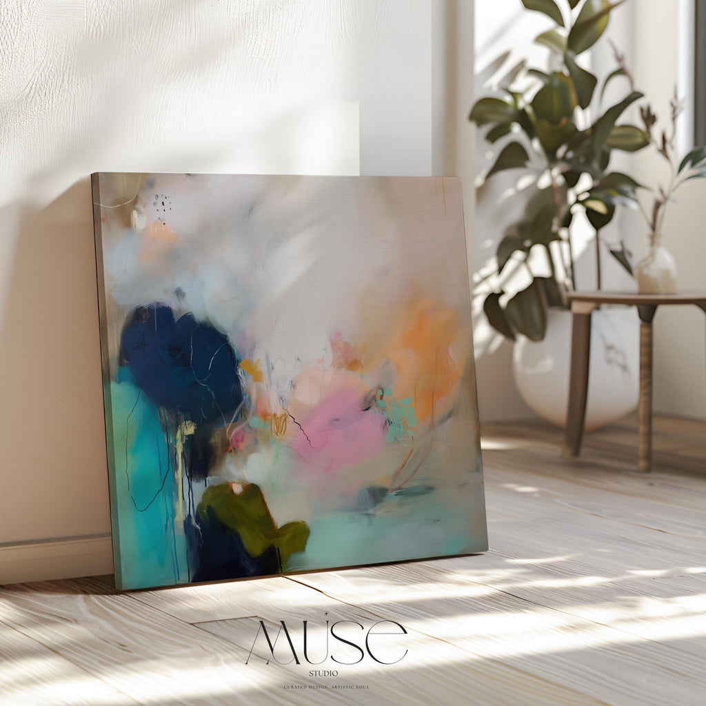 Soft Abstract Wall Art in Blush Pink Teal and Navy Canvas Painting Botanical Coastal Decor for Living Room Bedroom Modern Style |448