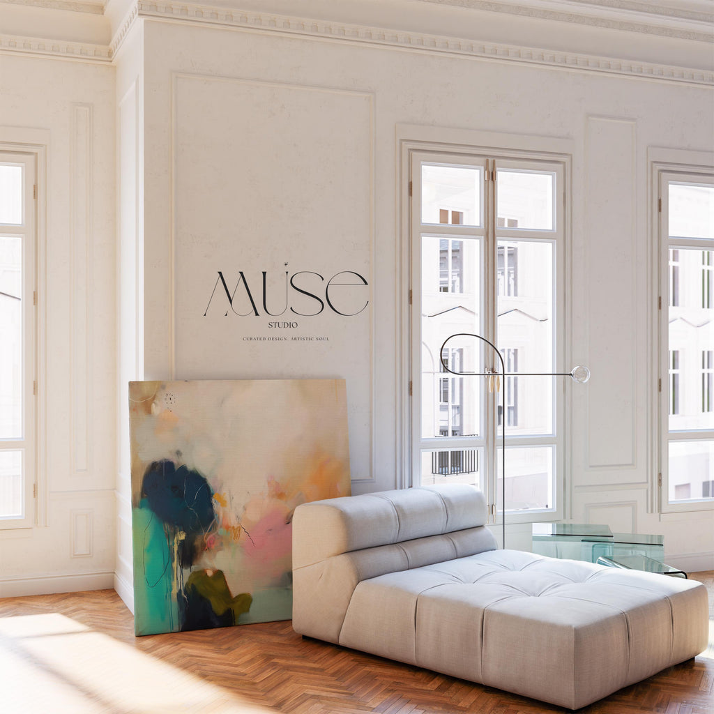 Soft Abstract Wall Art in Blush Pink Teal and Navy Canvas Painting Botanical Coastal Decor for Living Room Bedroom Modern Style |448 Stretched Canvas Art Large abstract wall decor on stretched canvas, gallery-wrapped and ready to hang. Perfect for colorful wall art in living rooms, office spaces, and design projects. Giclée canvas print with bold brushwork and vibrant modern style for impactful home decor. Muse Studio Decor Art.