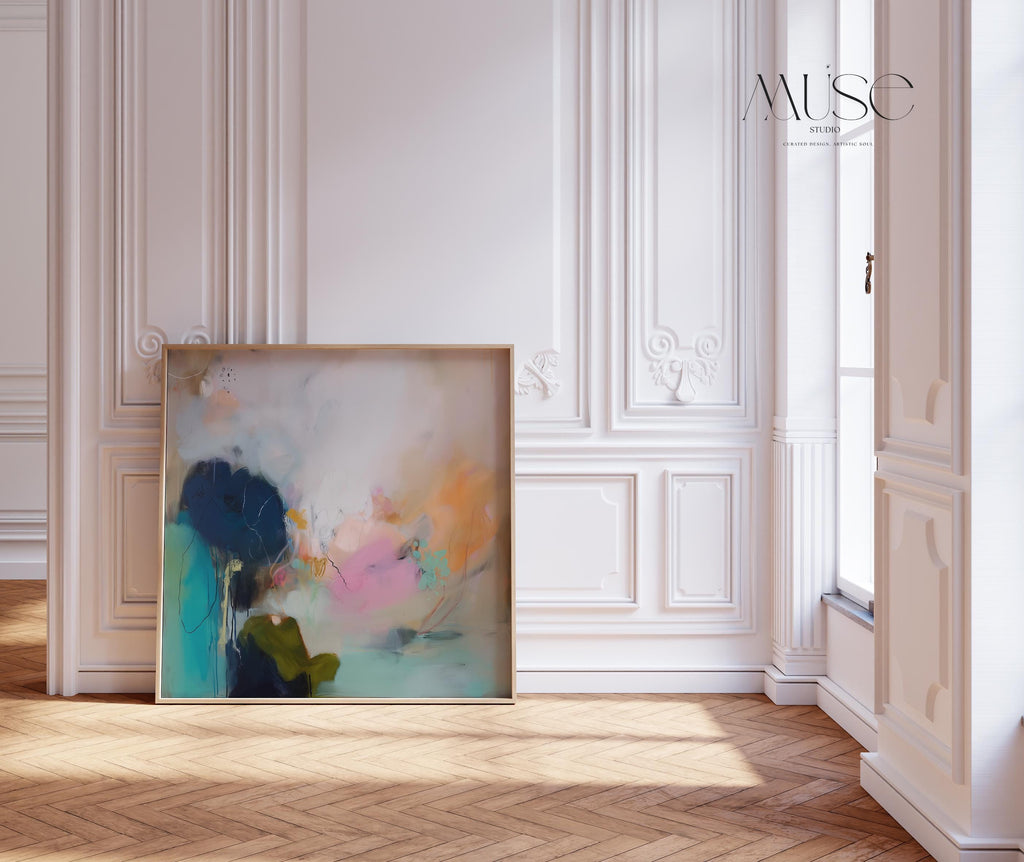 Soft Abstract Art Print in Blush Pink Teal and Navy Botanical Coastal Wall Decor Poster for Living Room Bedroom Modern Style | 448