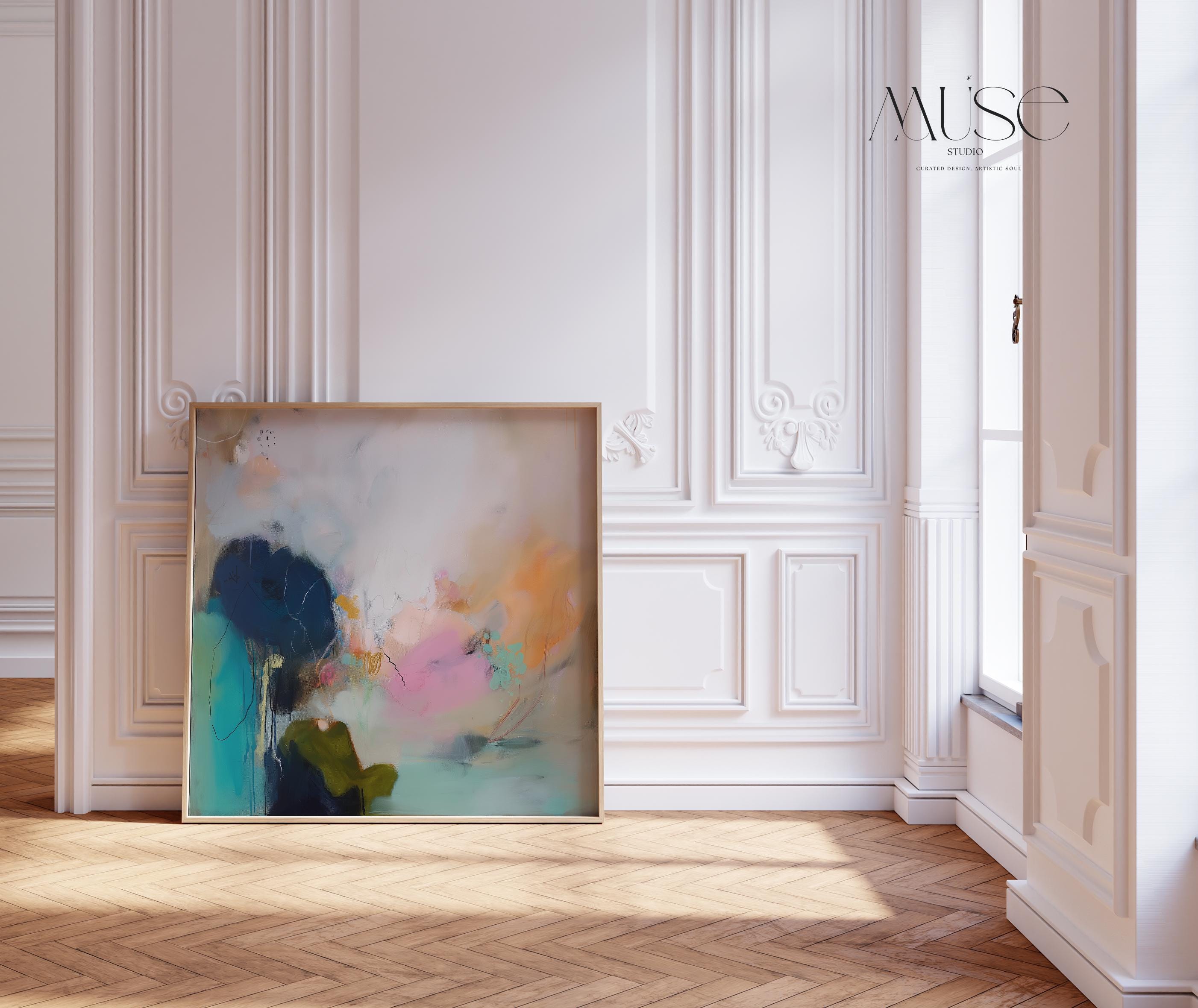 Soft Abstract Art Print in Blush Pink Teal and Navy Botanical Coastal Wall Decor Poster for Living Room Bedroom Modern Style | 448