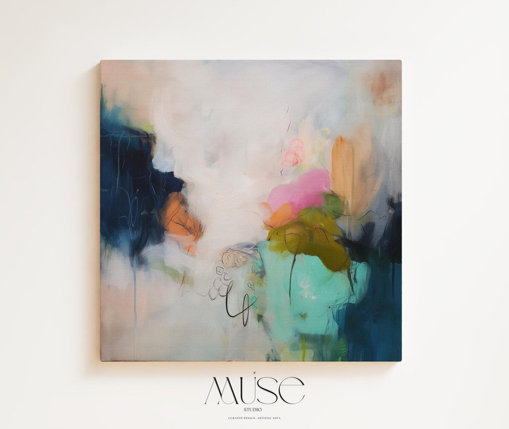 Soft Abstract Wall Art in Navy Pink Green and Ochre Modern Boho Large Canvas Painting for Living Room Bedroom Office Decor | Aurora 451