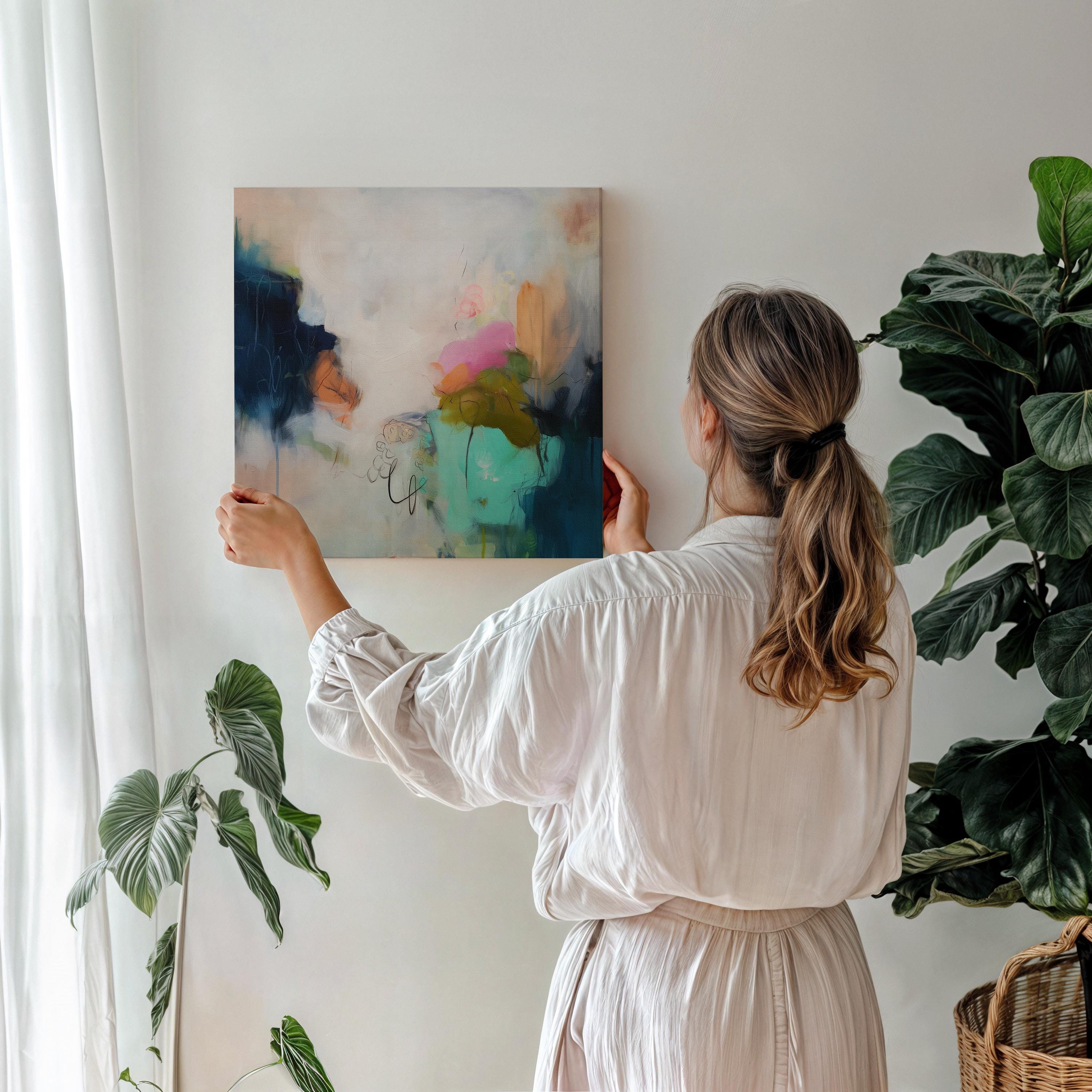 Soft Abstract Wall Art in Navy Pink Green and Ochre Modern Boho Large Canvas Painting for Living Room Bedroom Office Decor | Aurora 451 wall art prints, living room decor, abstract painting, abstract art, modern wall art, modern art, living room art, abstract wall art, canvas wall art, wall art, abstract print, colorful wall art