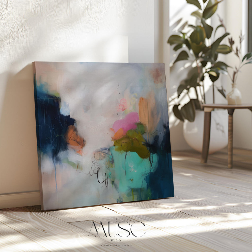Soft Abstract Wall Art in Navy Pink Green and Ochre Modern Boho Large Canvas Painting for Living Room Bedroom Office Decor | Aurora 451