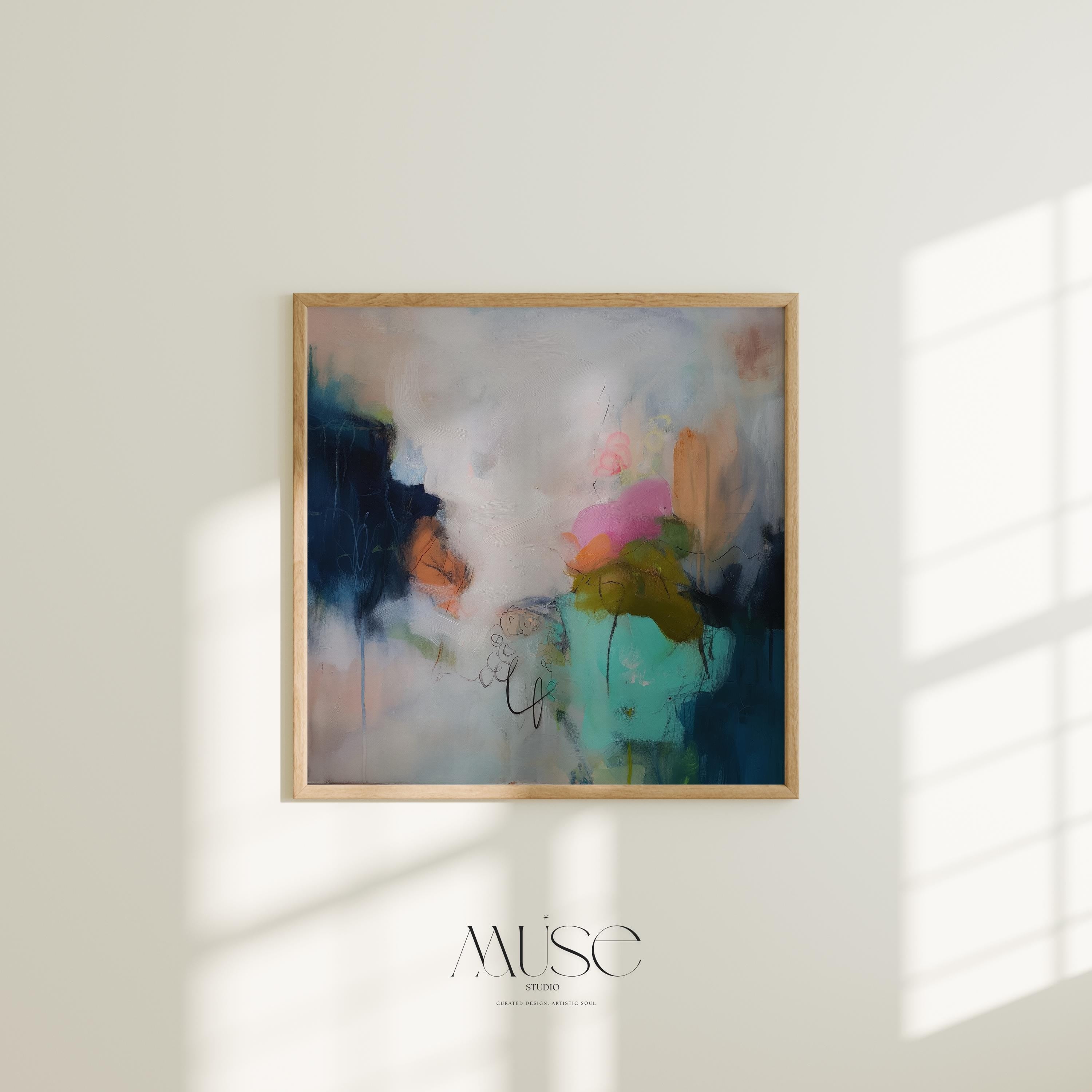 Soft Abstract Art Print in Blush Pink Teal and Navy Botanical Coastal Wall Decor Poster for Living Room Bedroom Contemporary Style | 448