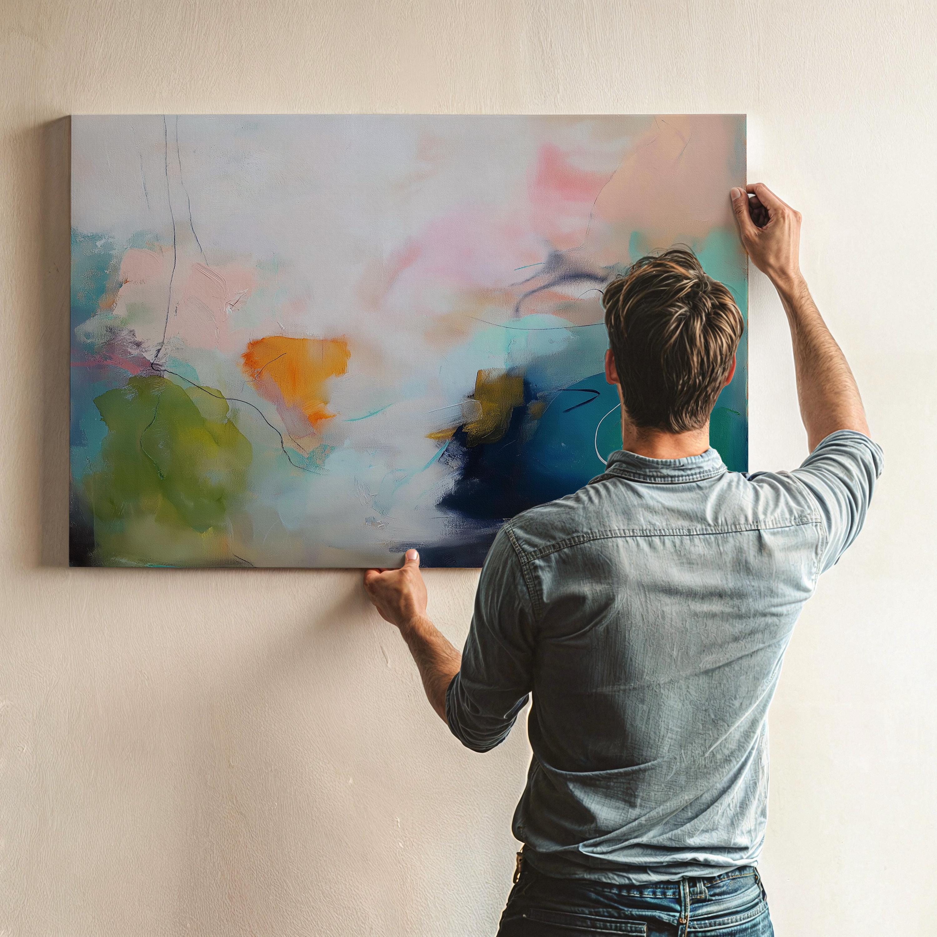 Oversized Colorful Abstract Canvas Wall Art in Green and Aqua, Modern Living Room or Bedroom Decor, Soft Contemporary Statement 449 Stretched Canvas Art Large abstract wall decor on stretched canvas, gallery-wrapped and ready to hang. Perfect for colorful wall art in living rooms, office spaces, and design projects. Giclée canvas print with bold brushwork and vibrant modern style for impactful home decor. Muse Studio Decor Art.