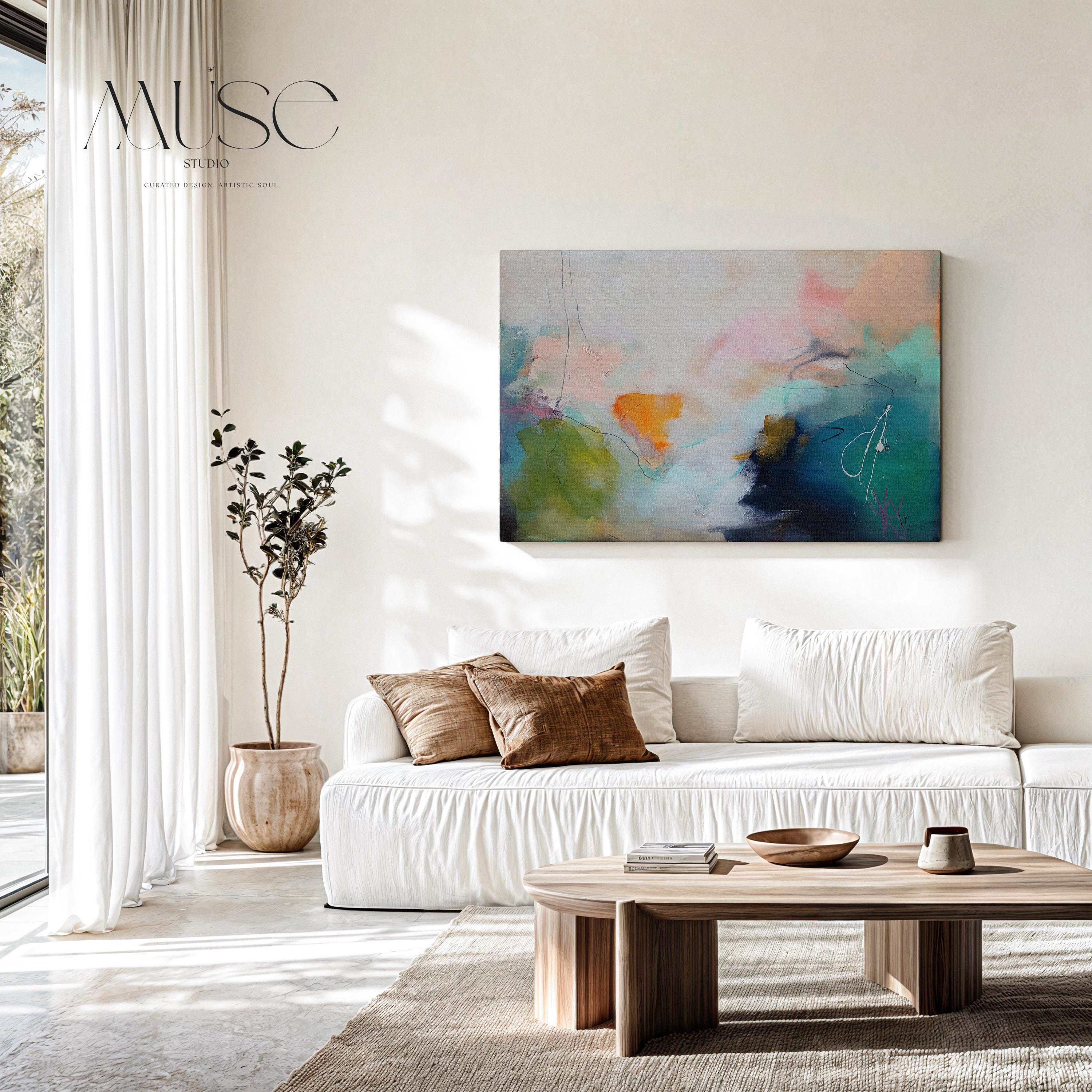Horizontal green and aqua abstract wall art featuring layered brushwork in a soft contemporary style. This oversized canvas design adds a fresh, modern statement to living rooms or bedrooms. Available as gallery-wrapped or framed canvas wall art by Muse Studio.