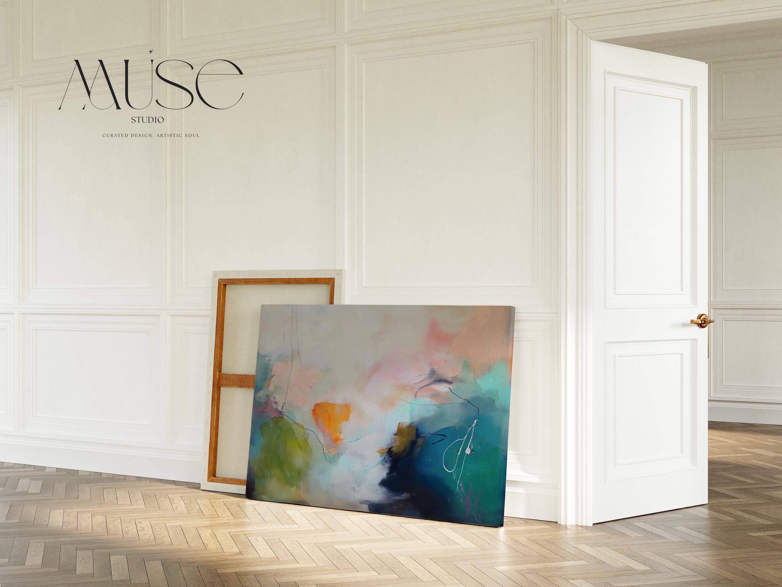 Oversized Colorful Abstract Canvas Wall Art in Green and Aqua, Modern Living Room or Bedroom Decor, Soft Contemporary Statement 449 Stretched Canvas Art Large abstract wall decor on stretched canvas, gallery-wrapped and ready to hang. Perfect for colorful wall art in living rooms, office spaces, and design projects. Giclée canvas print with bold brushwork and vibrant modern style for impactful home decor. Muse Studio Decor Art.
