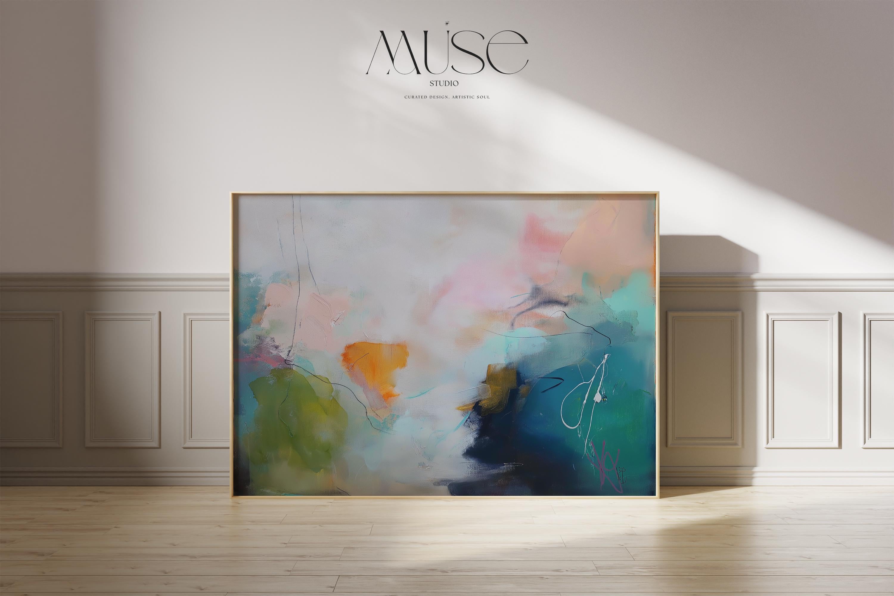 Horizontal aqua and tangerine abstract wall art titled “Sea Foam Bloom,” featuring botanical-inspired movement and vibrant modern tones. Ideal for bedroom, living room, or office decor. Available as framed canvas or gallery-wrapped wall art by Muse Studio.