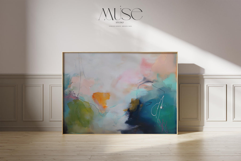 Horizontal aqua and tangerine abstract wall art titled “Sea Foam Bloom,” featuring botanical-inspired movement and vibrant modern tones. Ideal for bedroom, living room, or office decor. Available as framed canvas or gallery-wrapped wall art by Muse Studio.