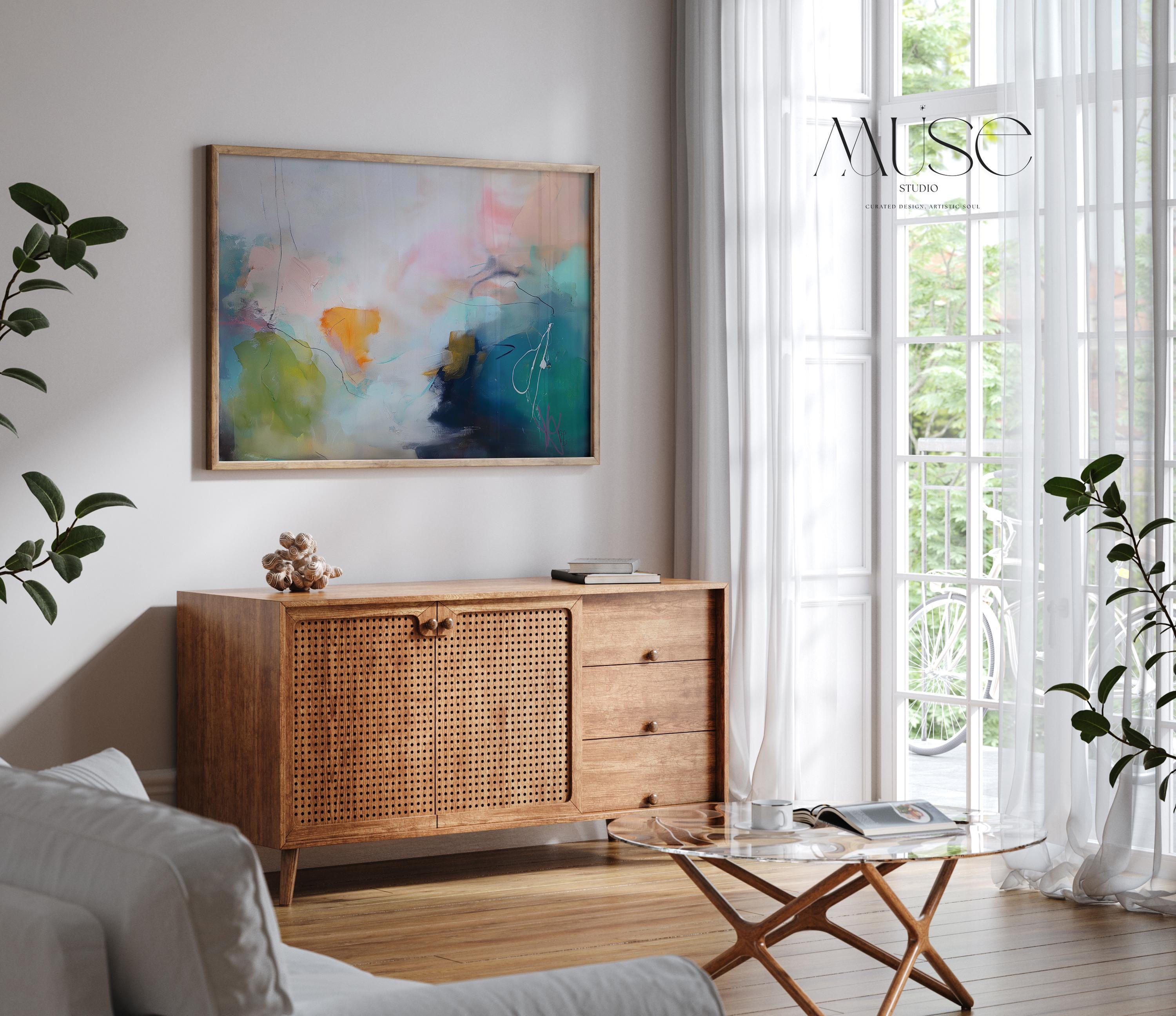 Horizontal aqua and tangerine abstract wall art titled “Sea Foam Bloom,” featuring botanical-inspired movement and vibrant modern tones. Ideal for bedroom, living room, or office decor. Available as framed canvas or gallery-wrapped wall art by Muse Studio.