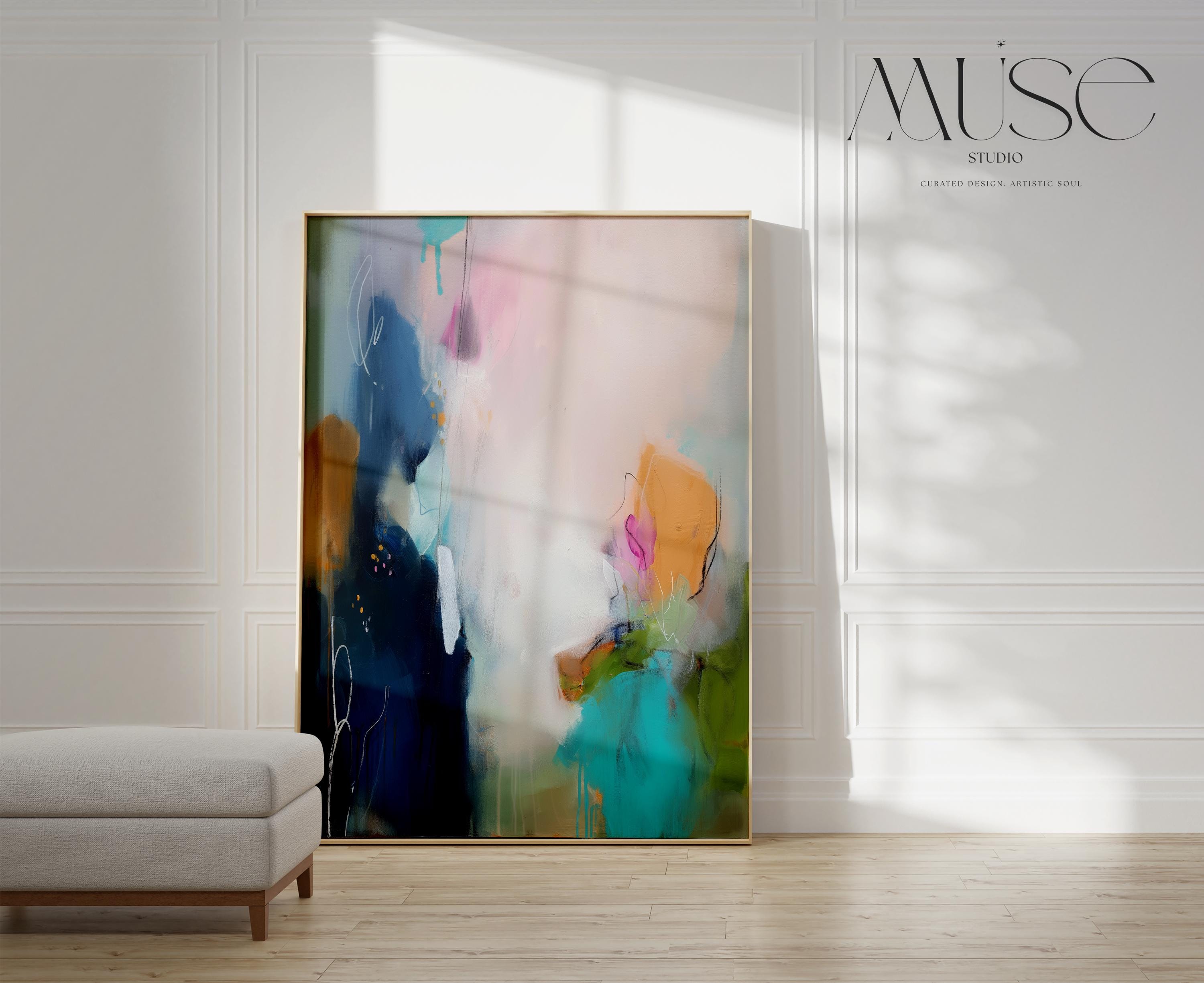 Abstract Wall Art Print in Aqua, Coral, and Navy, Large Modern Decor Poster for Living Room or Bedroom, Colorful Statement Art 450