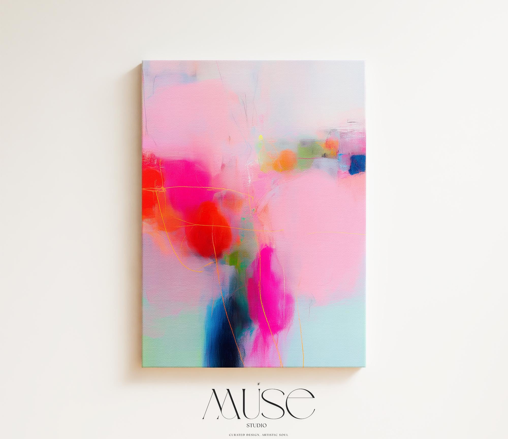 Bold Color Pop Canvas Art in Pink, Coral, and Aqua, Eclectic Abstract Wall Art for Modern Living Room or Bedroom Decor 435 Stretched Canvas Art Large abstract wall decor on stretched canvas, gallery-wrapped and ready to hang. Perfect for colorful wall art in living rooms, office spaces, and design projects. Giclée canvas print with bold brushwork and vibrant modern style for impactful home decor. Muse Studio Decor Art.