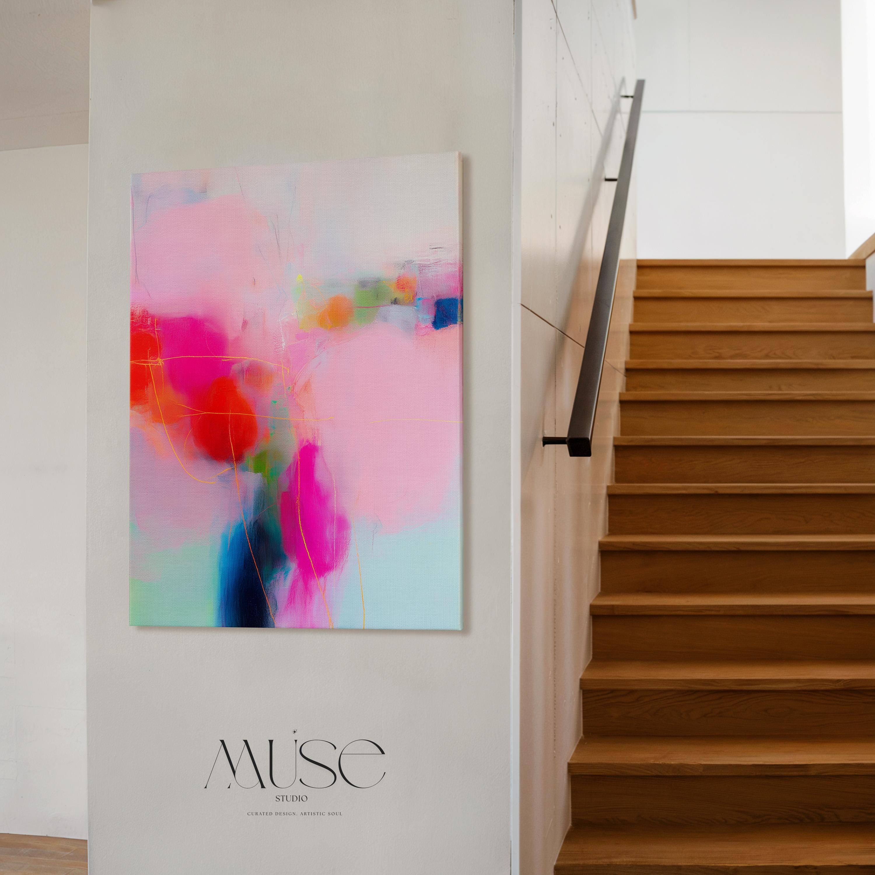 Bold Color Pop Canvas Art in Pink, Coral, and Aqua, Eclectic Abstract Wall Art for Modern Living Room or Bedroom Decor 435 Stretched Canvas Art Large abstract wall decor on stretched canvas, gallery-wrapped and ready to hang. Perfect for colorful wall art in living rooms, office spaces, and design projects. Giclée canvas print with bold brushwork and vibrant modern style for impactful home decor. Muse Studio Decor Art.