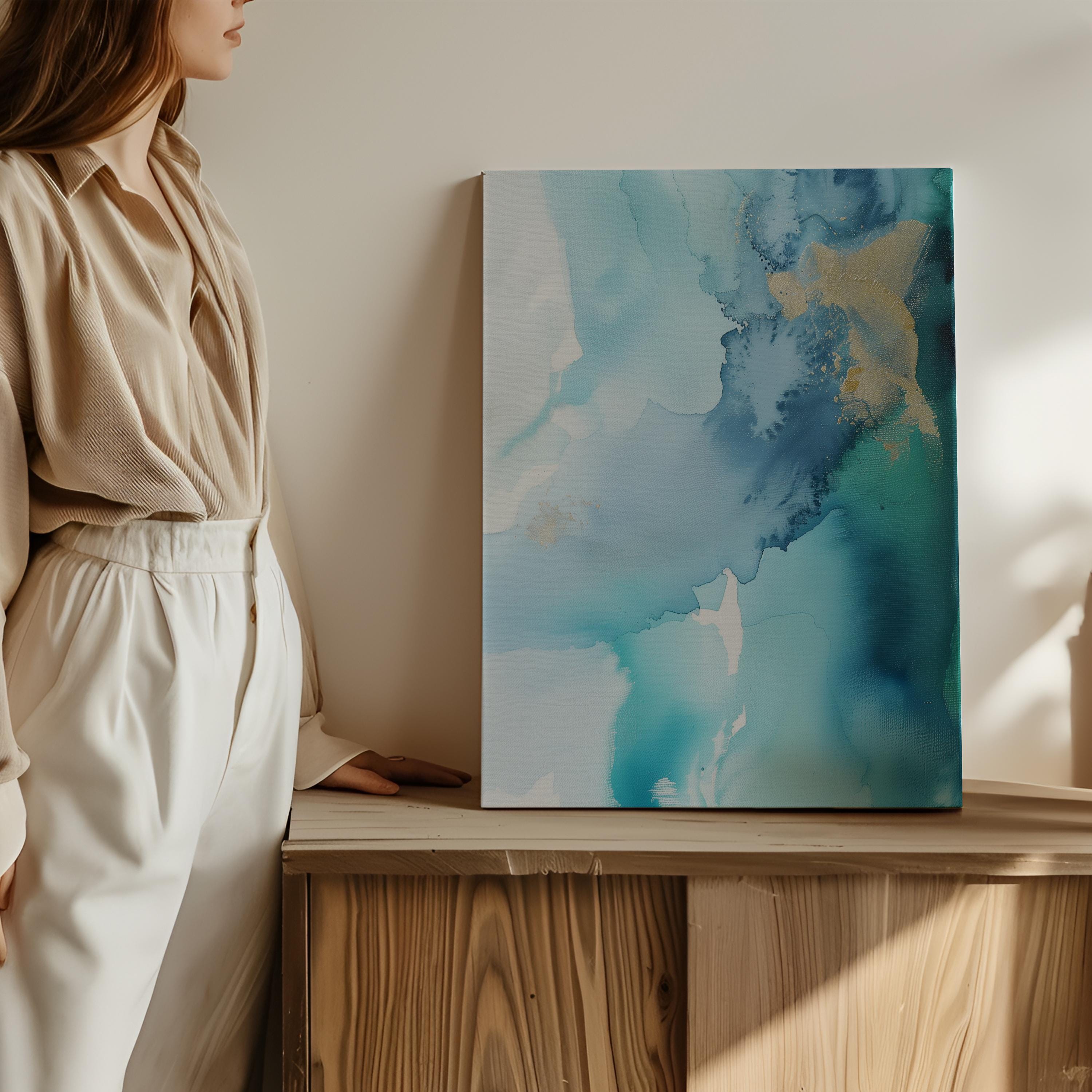 Coastal Blue Vertical Canvas Wall Art Abstract Painting in Teal and Gold Serene Decor Art for Bedroom Living Ocean-Inspired Wall Decor 276 Room Staging 
Colorful abstract wall decor styled in a modern neutral home. Large statement wall art displayed in living room, bedroom, or office spaces. Vibrant canvas or giclée decor art adds bold visual impact to contemporary interiors, ideal for home staging, office design, and curated spaces. Muse Studio Decor Art.
