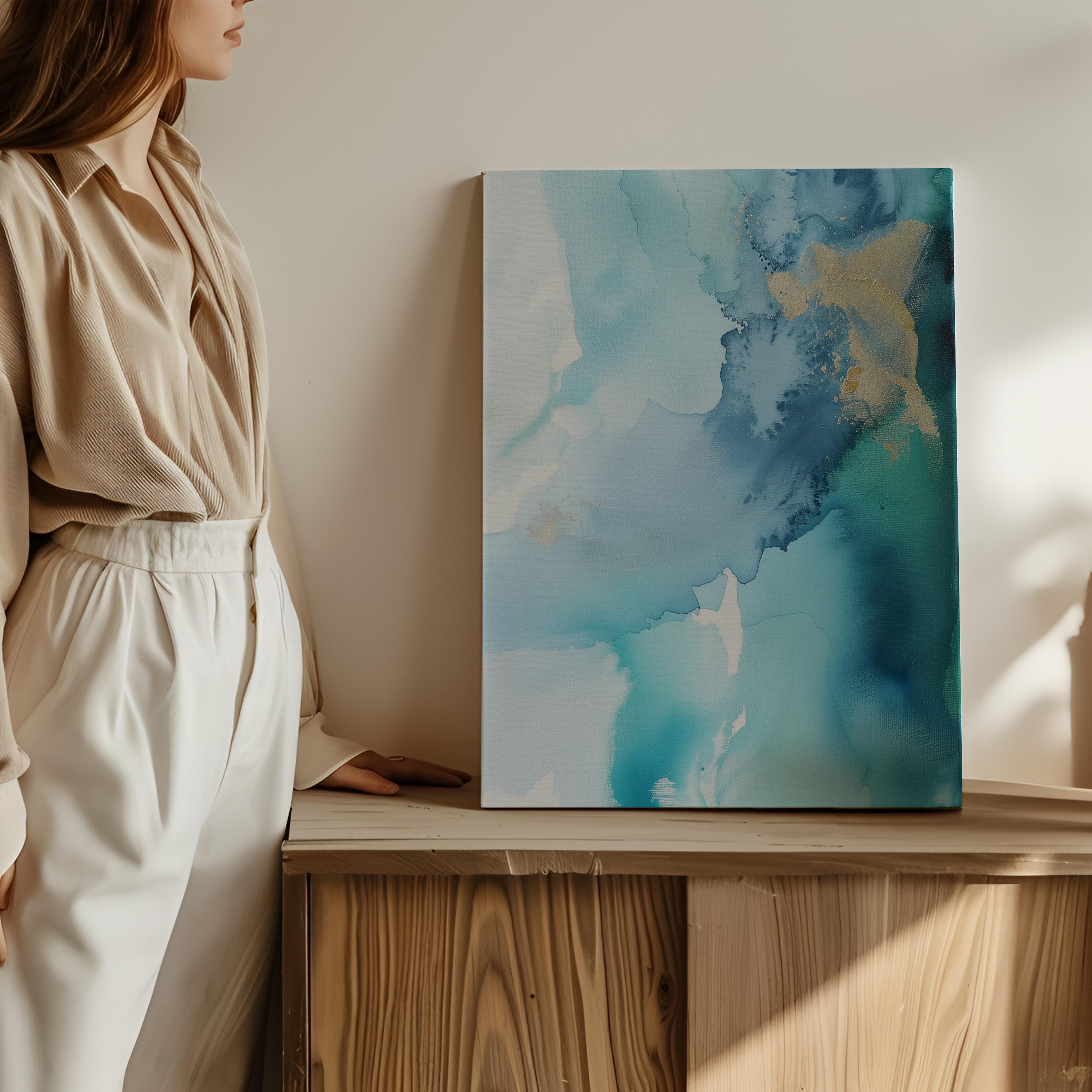 Coastal Blue Vertical Canvas Wall Art Abstract Painting in Teal and Gold Serene Decor Art for Bedroom Living Ocean-Inspired Wall Decor 276 Room Staging 
Colorful abstract wall decor styled in a modern neutral home. Large statement wall art displayed in living room, bedroom, or office spaces. Vibrant canvas or giclée decor art adds bold visual impact to contemporary interiors, ideal for home staging, office design, and curated spaces. Muse Studio Decor Art.