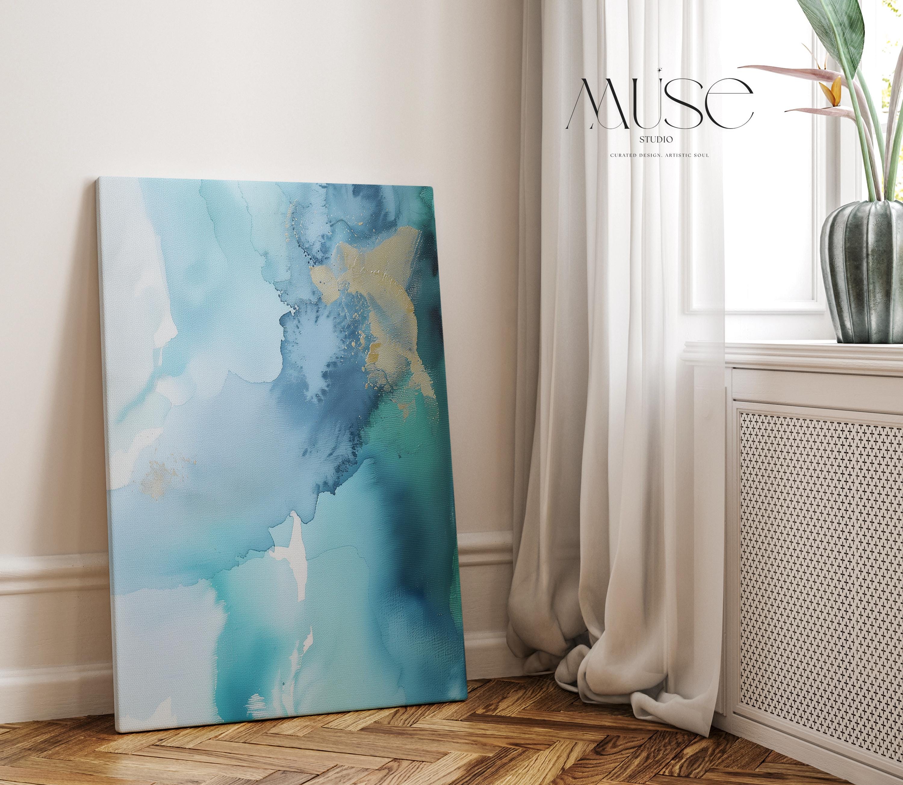 Stretched Canvas Art 
Large abstract wall decor on stretched canvas, gallery-wrapped and ready to hang. Perfect for colorful wall art in living rooms, office spaces, and design projects. Giclée canvas print with bold brushwork and vibrant modern style for impactful home decor. Muse Studio Decor Art. Coastal Blue Vertical Canvas Wall Art Abstract Painting in Teal and Gold Serene Decor Art for Bedroom Living Ocean-Inspired Wall Decor 276