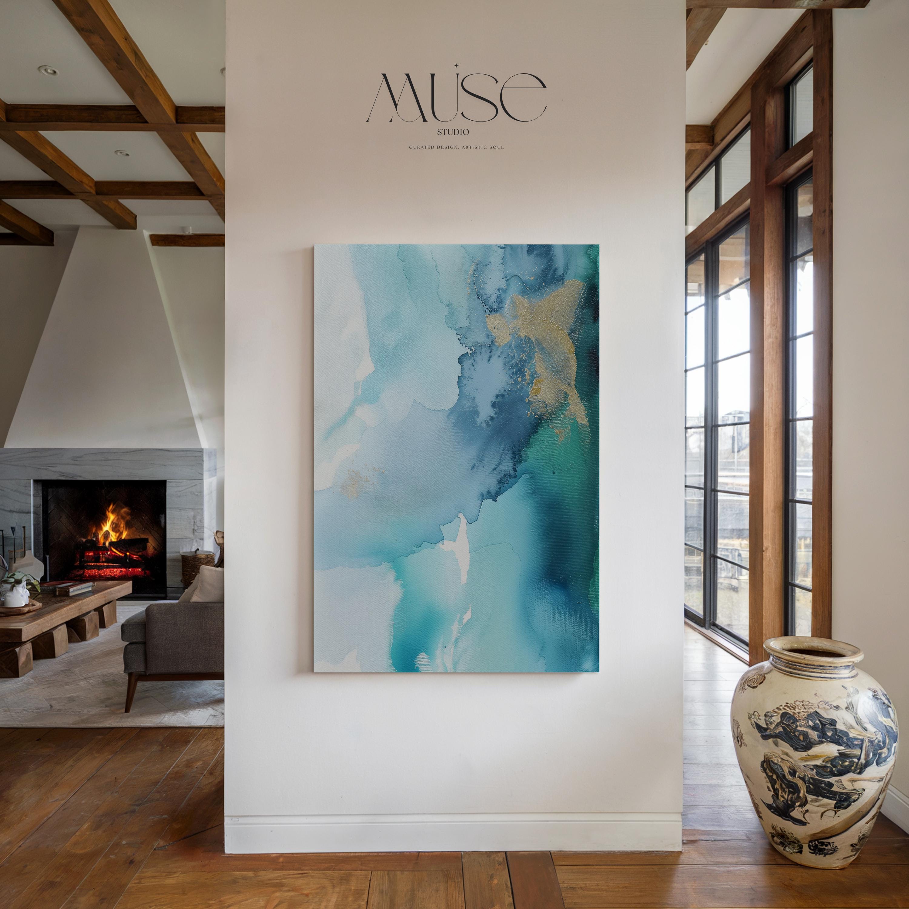 Coastal Blue Vertical Canvas Wall Art Abstract Painting in Teal and Gold Serene Decor Art for Bedroom Living Ocean-Inspired Wall Decor 276 Room Staging 
Colorful abstract wall decor styled in a modern neutral home. Large statement wall art displayed in living room, bedroom, or office spaces. Vibrant canvas or giclée decor art adds bold visual impact to contemporary interiors, ideal for home staging, office design, and curated spaces. Muse Studio Decor Art.