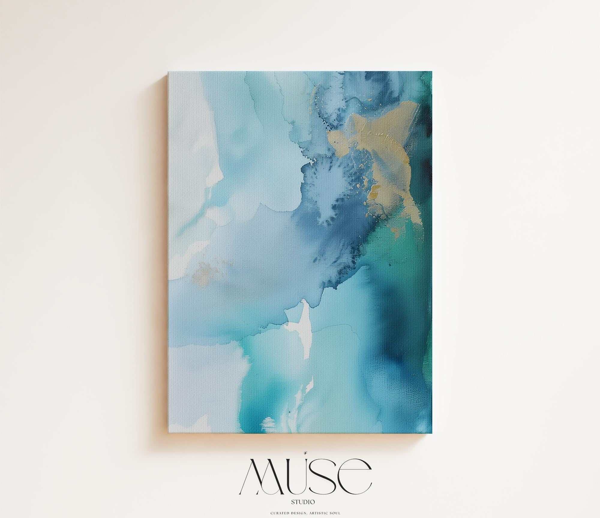 Coastal Blue Vertical Canvas Wall Art Abstract Painting in Teal and Gold Serene Decor Art for Bedroom Living Ocean-Inspired Wall Decor 276
