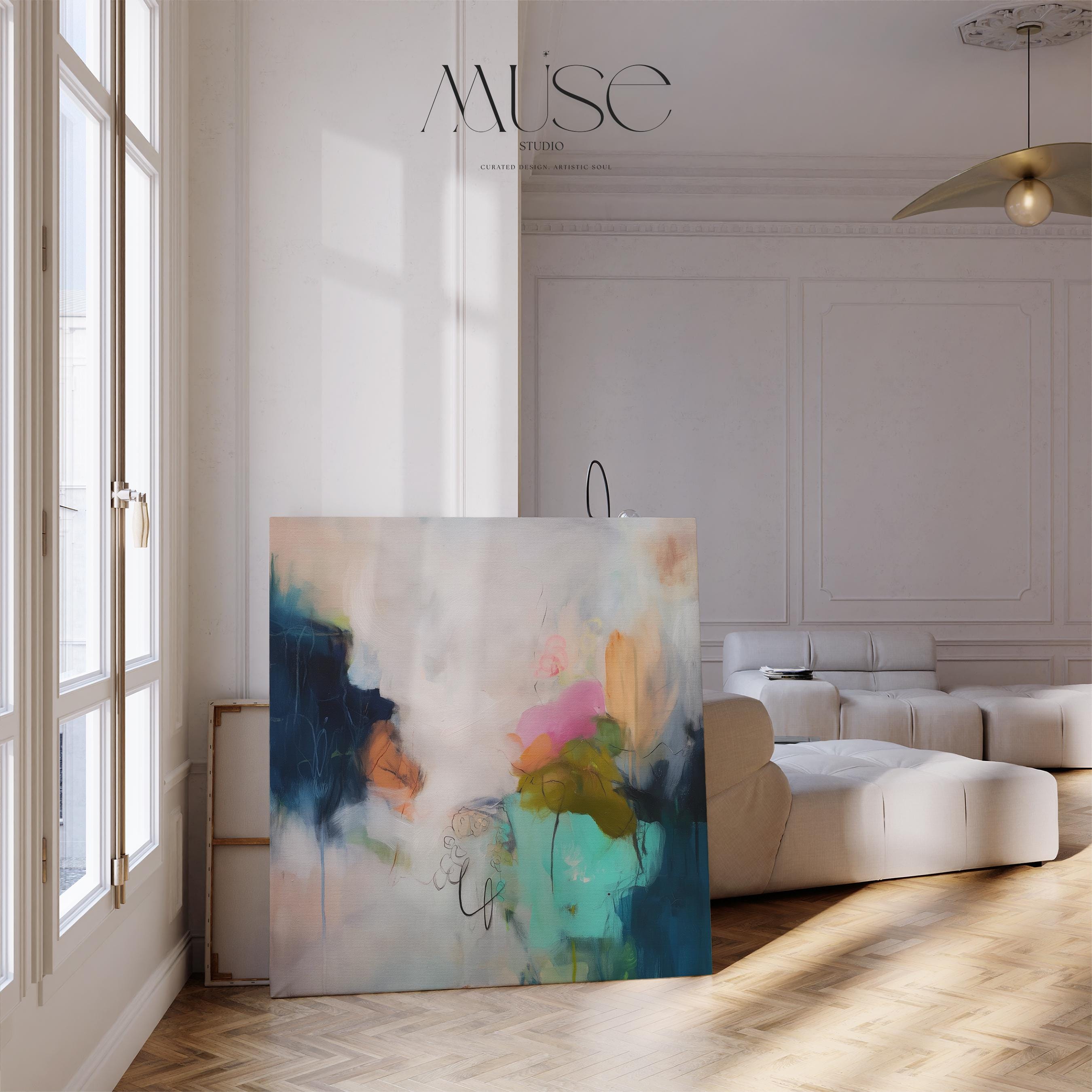 Soft Abstract Wall Art in Navy Pink Green and Ochre Modern Boho Large Canvas Painting for Living Room Bedroom Office Decor | Aurora 451