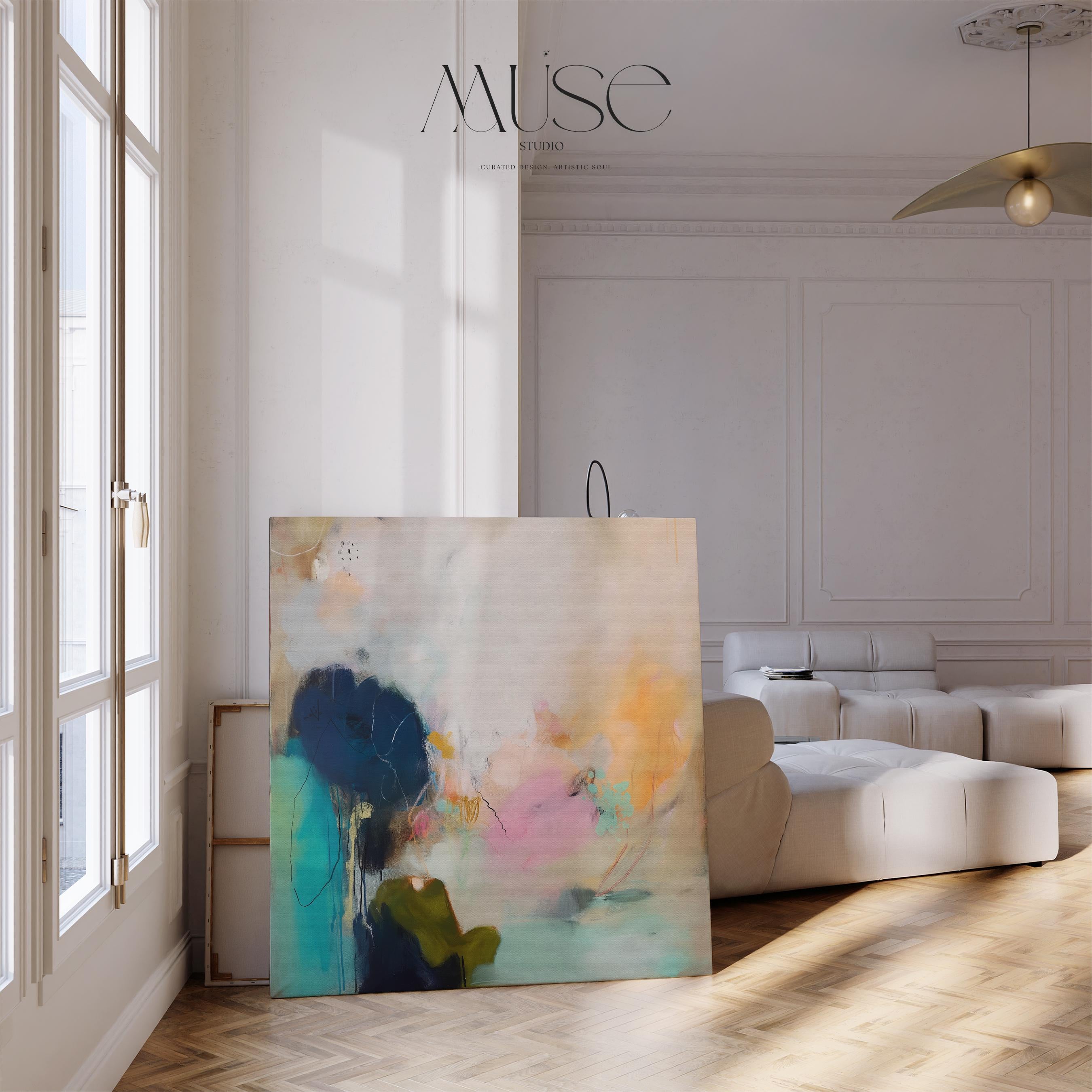 Soft Abstract Wall Art in Blush Pink Teal and Navy Canvas Painting Botanical Coastal Decor for Living Room Bedroom Modern Style |448