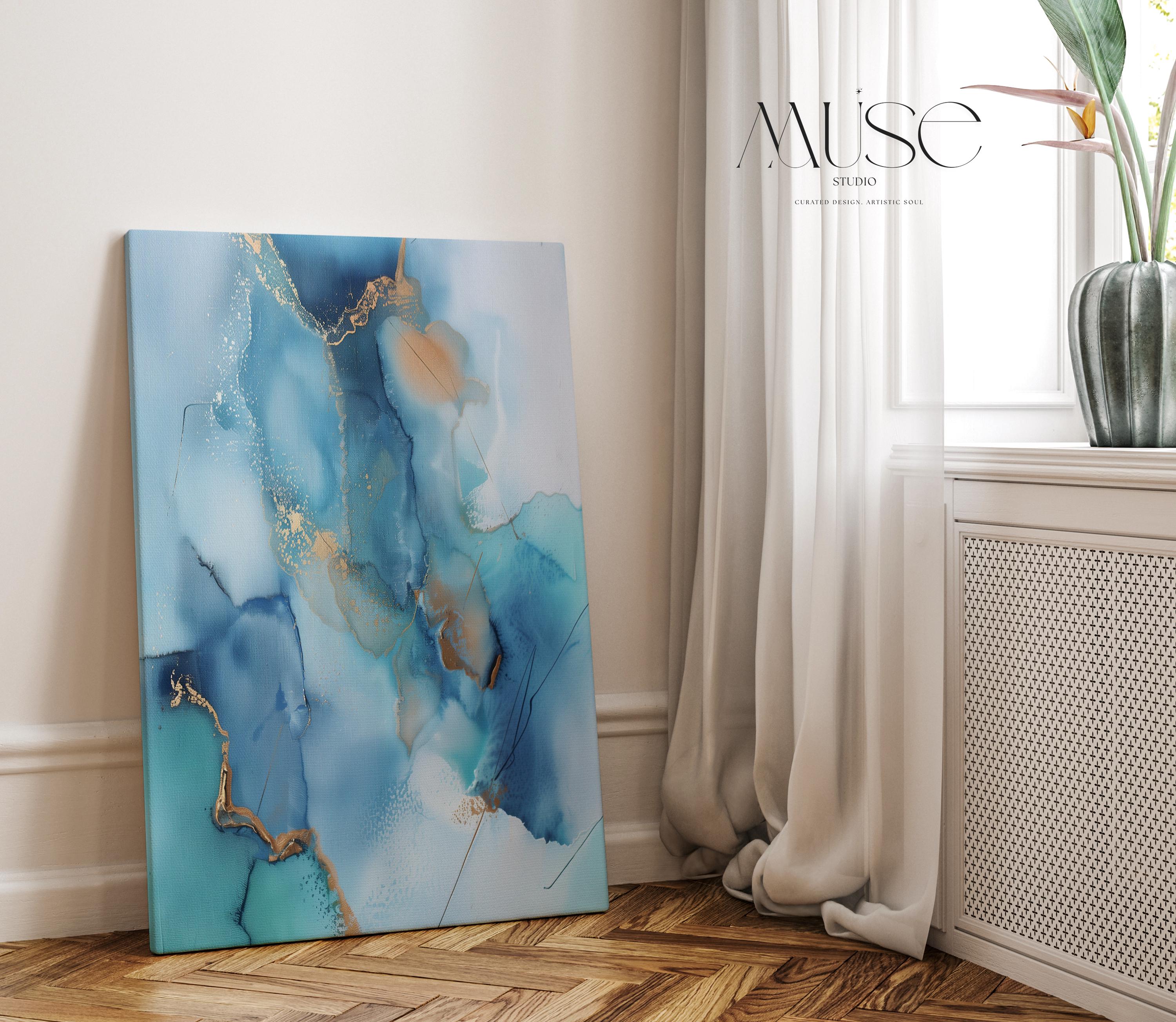 Vertical Abstract Canvas in Ocean Blues and Gold, Modern Wall Art for Coastal Decor, Elegant Beach House Style Print for Living Room 278 Stretched Canvas Art Large abstract wall decor on stretched canvas, gallery-wrapped and ready to hang. Perfect for colorful wall art in living rooms, office spaces, and design projects. Giclée canvas print with bold brushwork and vibrant modern style for impactful home decor. Muse Studio Decor Art.