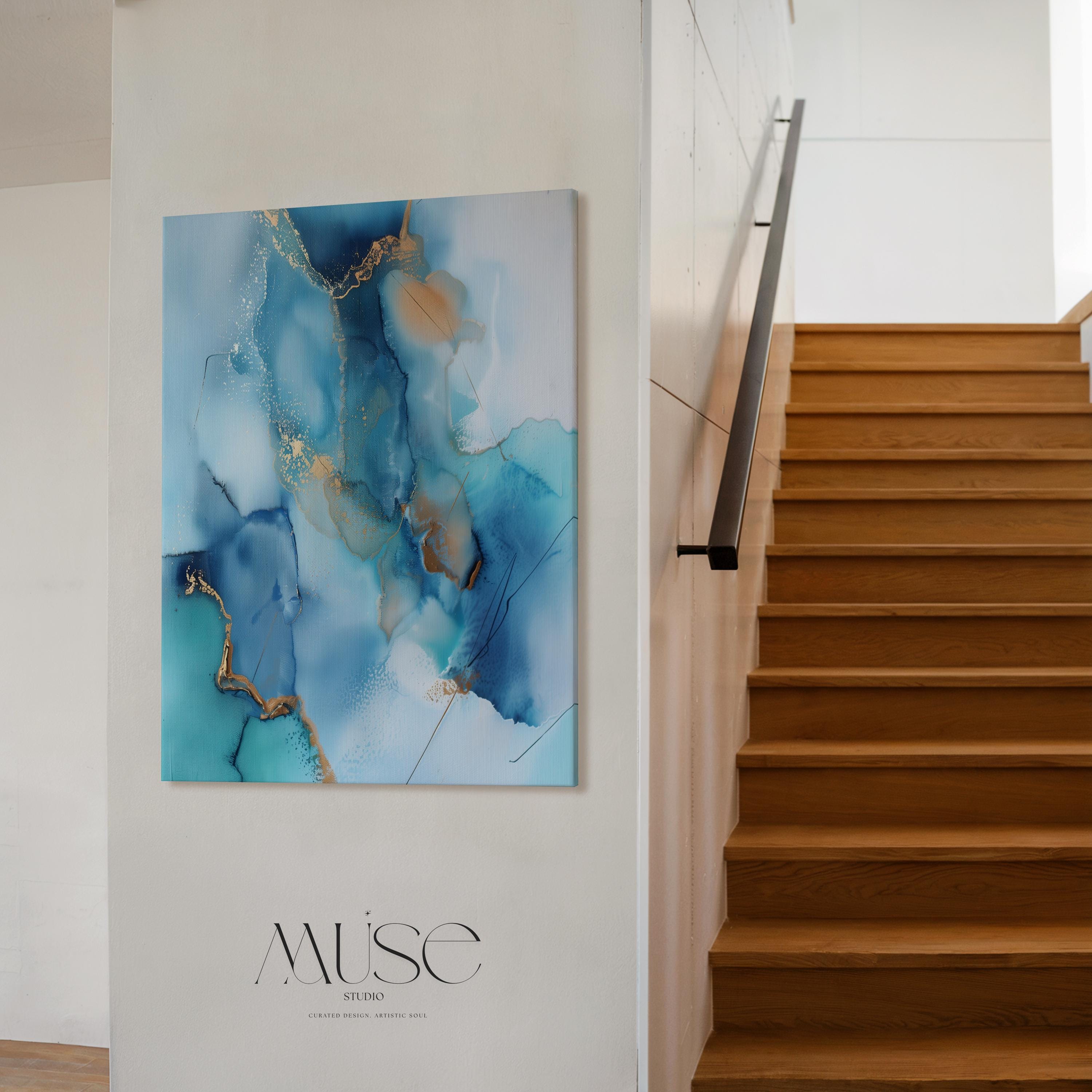 Vertical Abstract Canvas in Ocean Blues and Gold, Modern Wall Art for Coastal Decor, Elegant Beach House Style Print for Living Room 278 Stretched Canvas Art Large abstract wall decor on stretched canvas, gallery-wrapped and ready to hang. Perfect for colorful wall art in living rooms, office spaces, and design projects. Giclée canvas print with bold brushwork and vibrant modern style for impactful home decor. Muse Studio Decor Art.