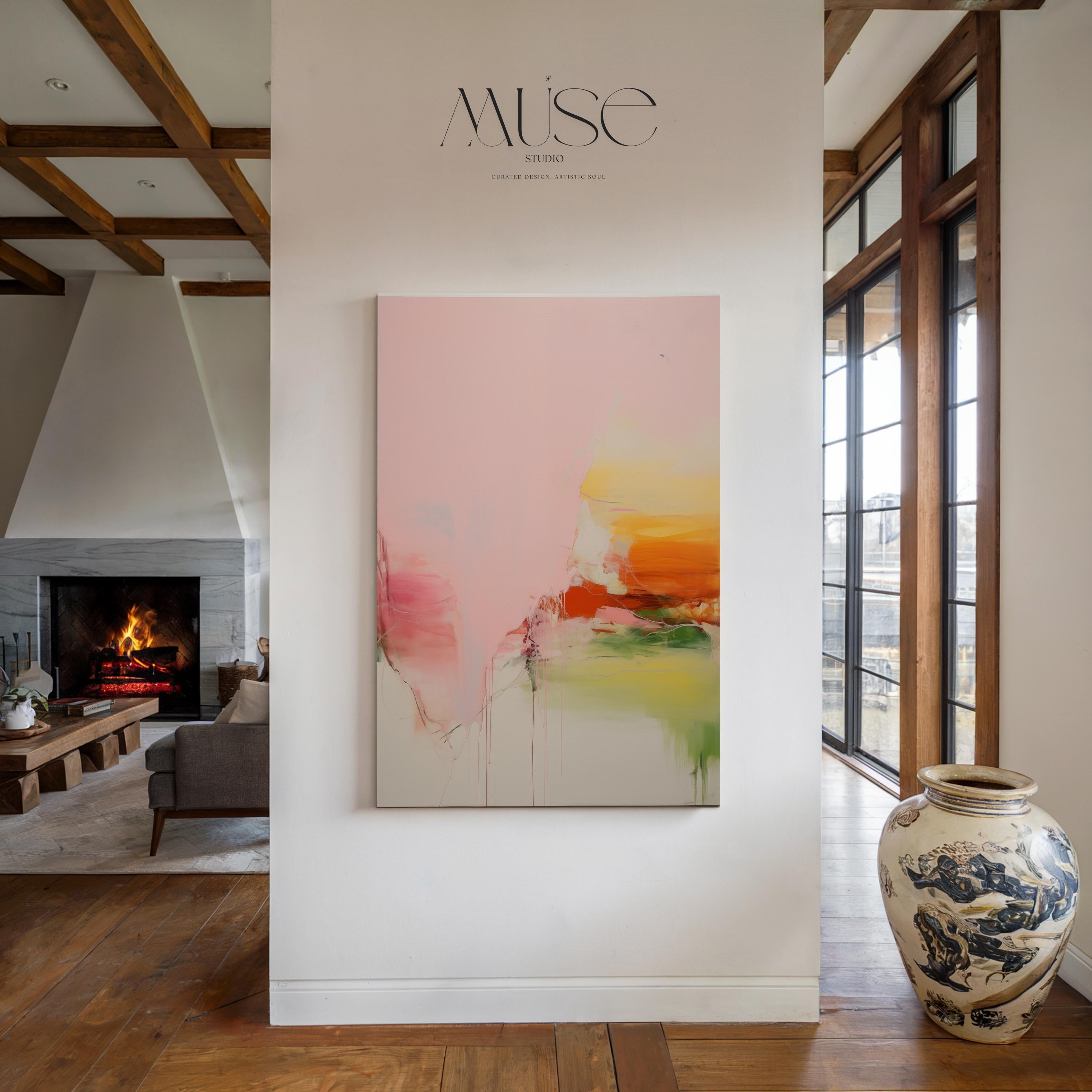 Vertical Abstract Canvas Blush Pink and Citrus Hues Boho Wall Art for Bedroom or Office Colorful Statement Decor Art for Modern Home 292