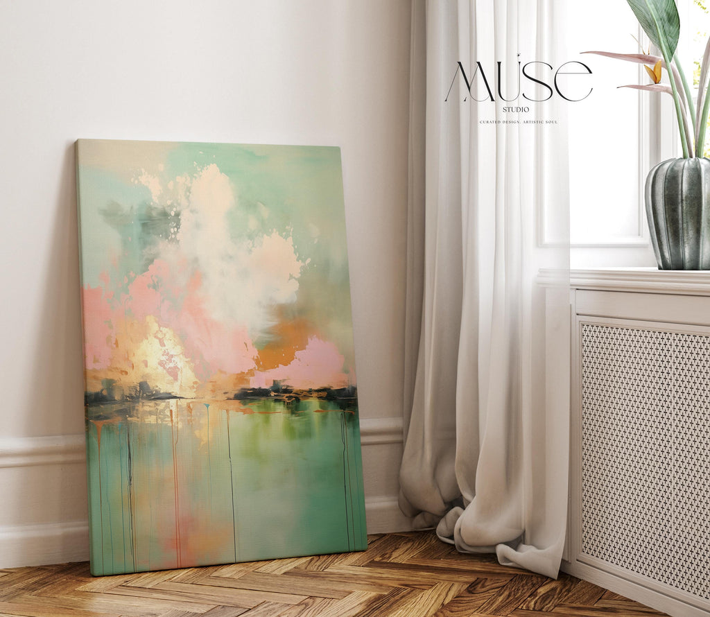 Boho Abstract Canvas Wall Art in Pink and Green Vertical Cloudscape Painting for Bedroom or Living Room Soft Statement Decor for Homes 311