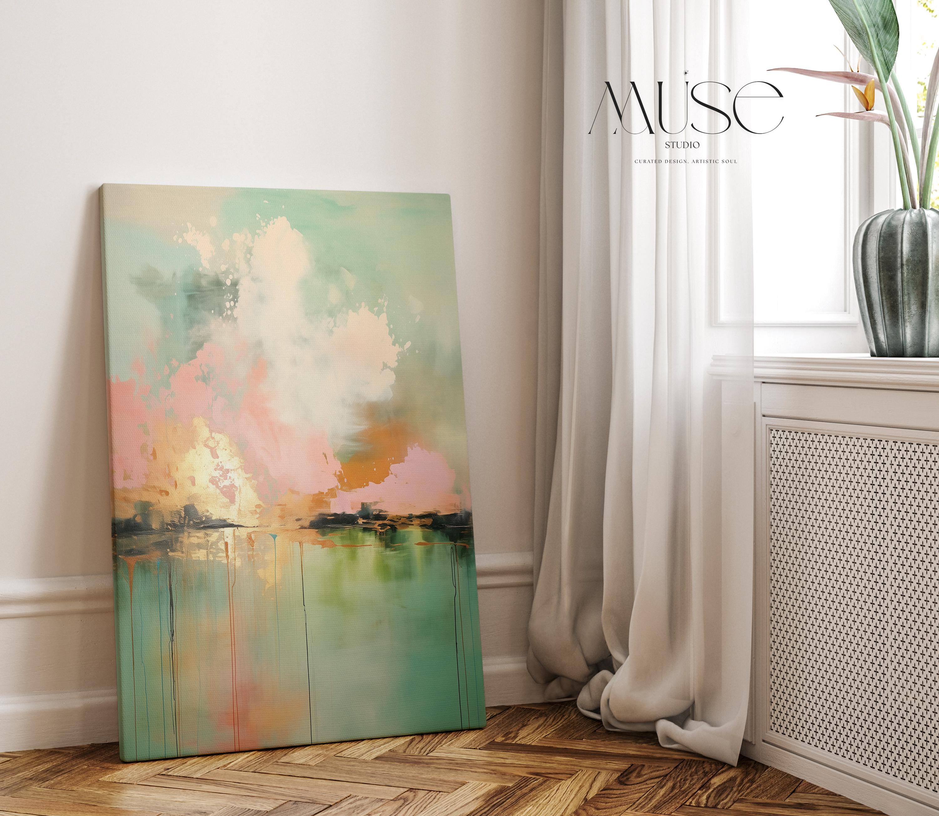 Boho Abstract Canvas Wall Art in Pink and Green Vertical Cloudscape Painting for Bedroom or Living Room Soft Statement Decor for Homes 311