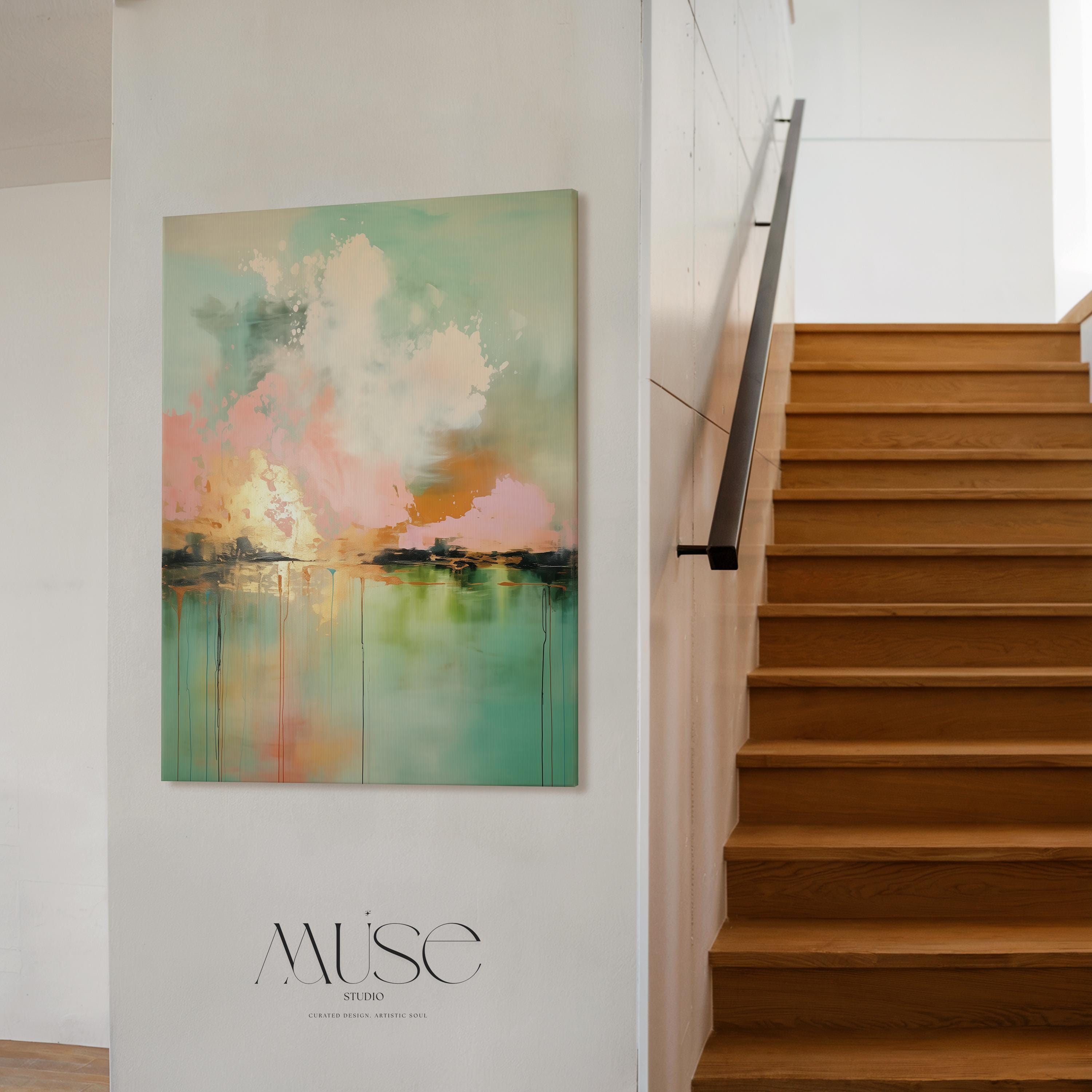 Boho Abstract Canvas Wall Art in Pink and Green Vertical Cloudscape Painting for Bedroom or Living Room Soft Statement Decor for Homes 311