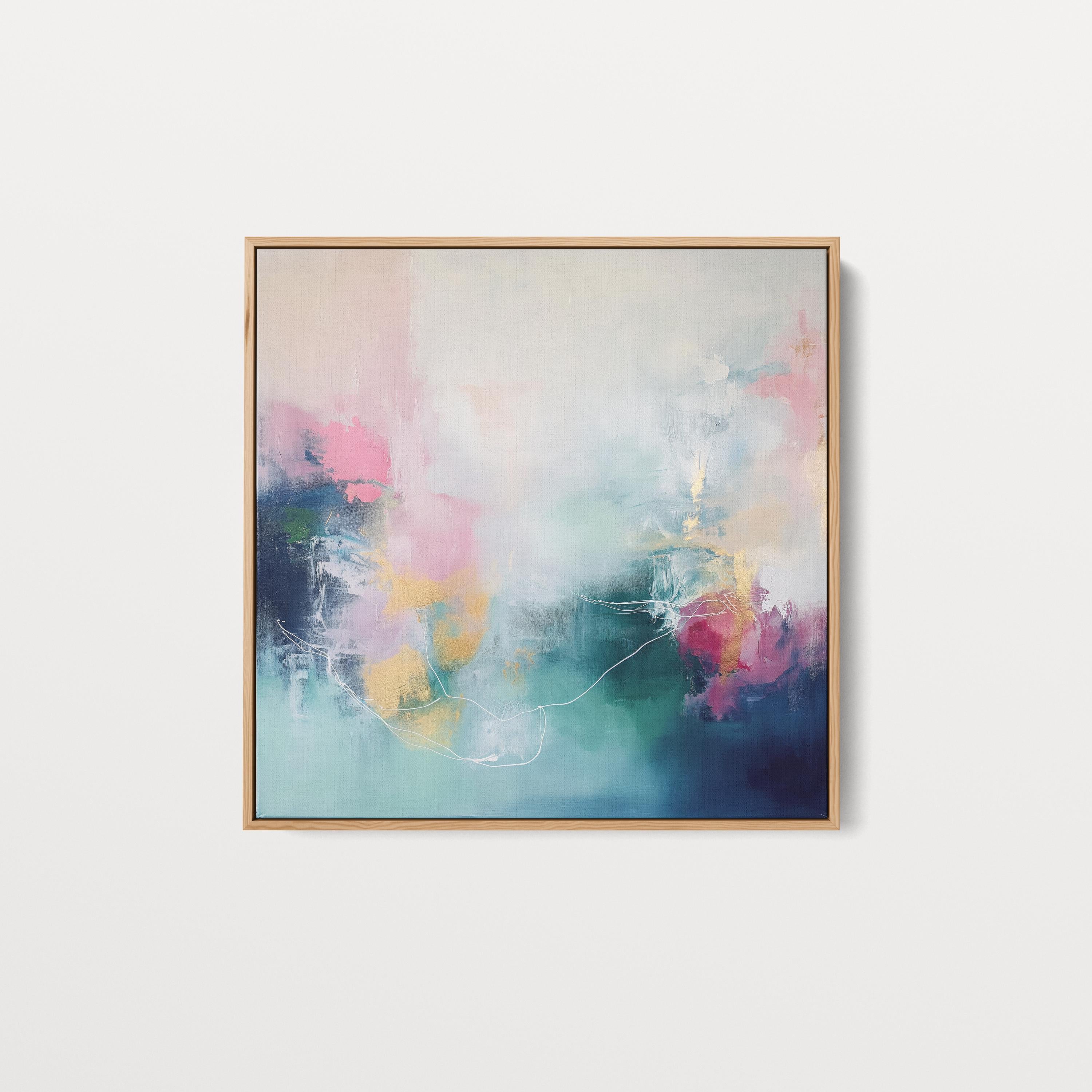 Framed Square Canvas Wall Art in Pink, Navy and Aqua, Oversized Abstract Painting for Living Room or Office, Colorful Contemporary Art 202