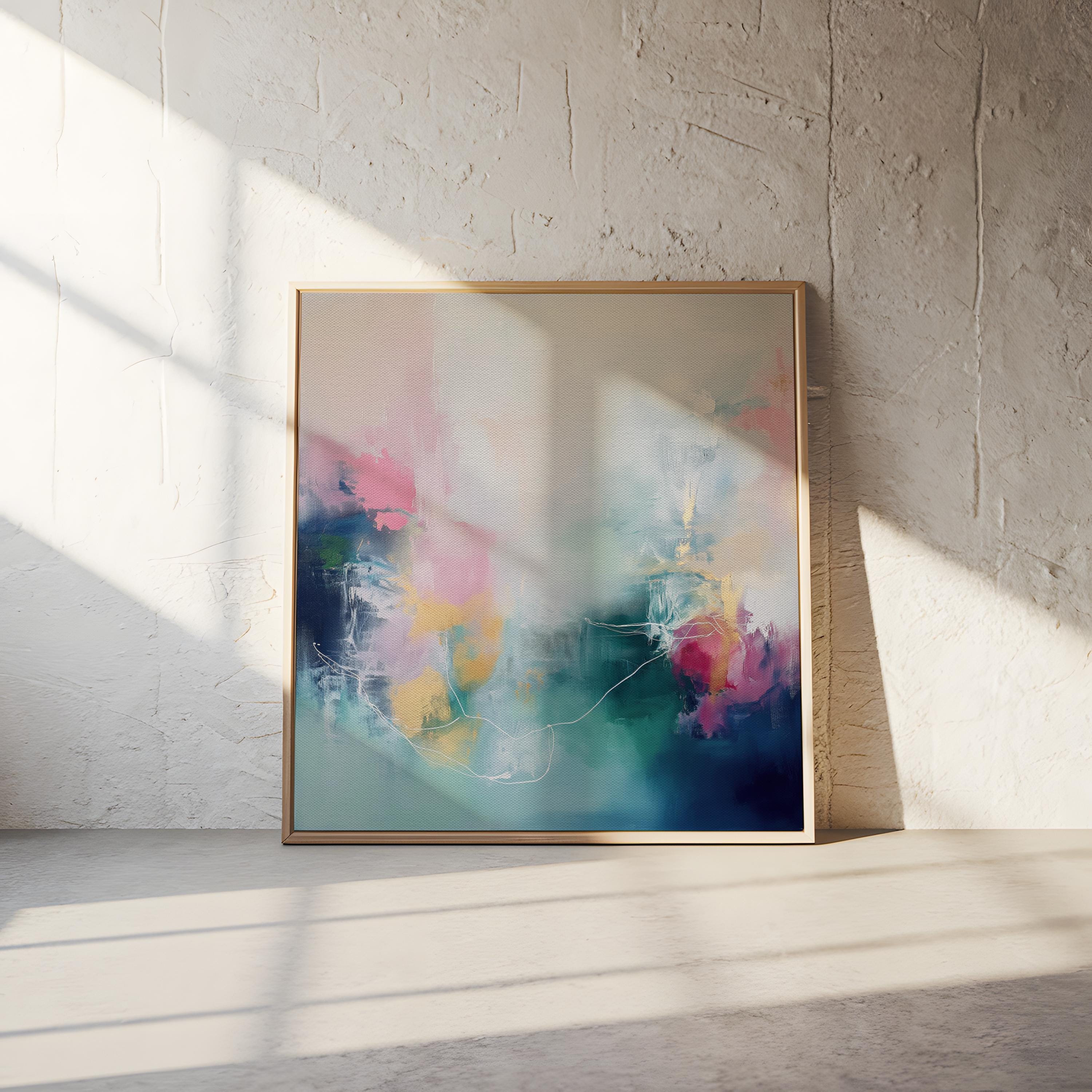 Framed Square Canvas Wall Art in Pink, Navy and Aqua, Oversized Abstract Painting for Living Room or Office, Colorful Contemporary Art 202