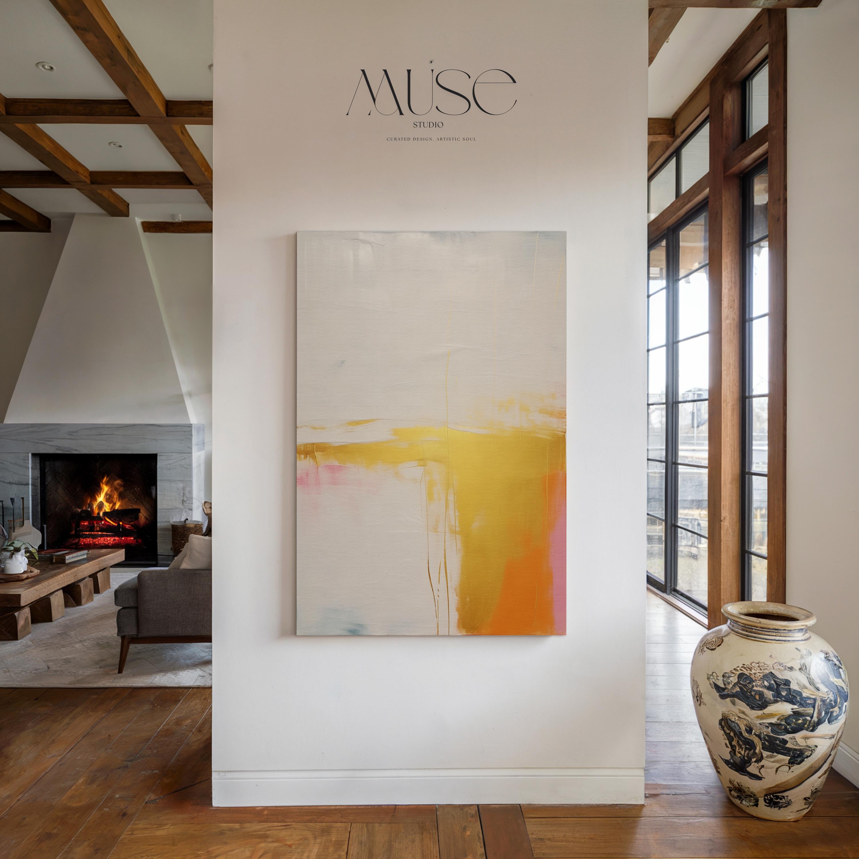 Metallic Color Pop Canvas Art Yellow White Pink Large Abstract Painting Bright Minimalist Decor Boho Style for Statement Decor Home 367